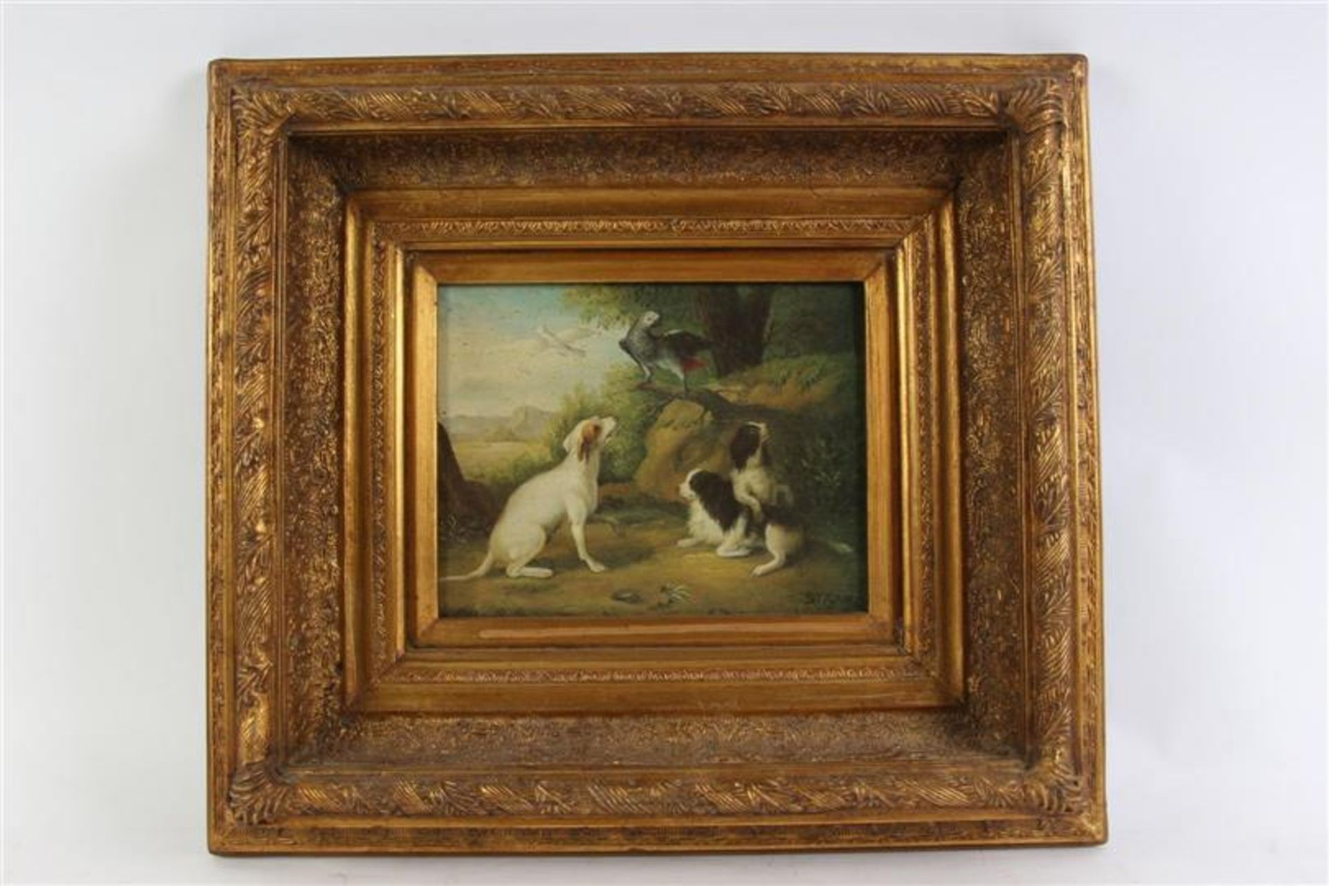 Oleografie op paneel, 'Honden en papegaaien'. HxB: 20 x 25 cm.