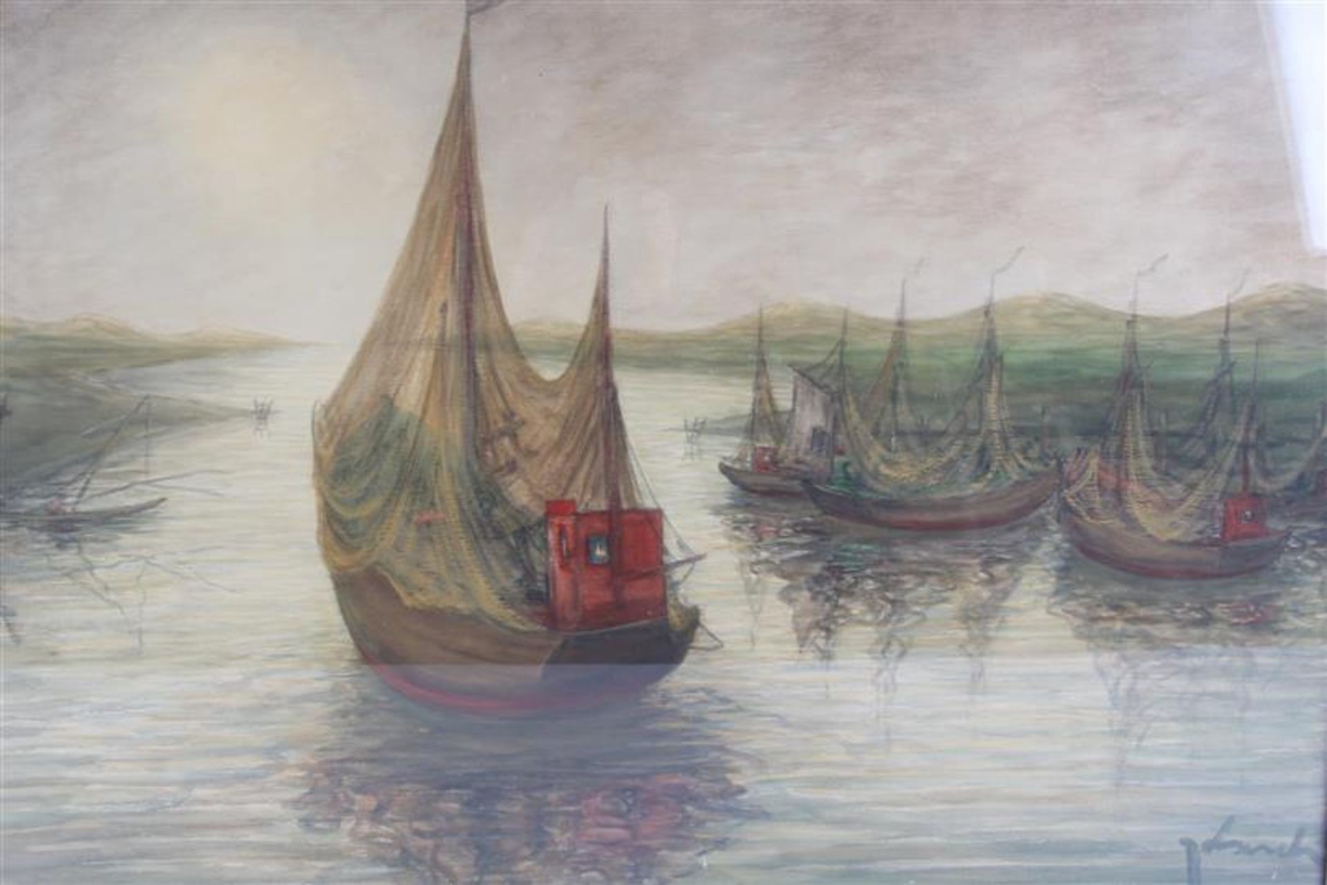 Gemengde techniek op papier 'Vissersboten in de haven'. Theo Idserda (1915-1992) HxB: 65.5 x 87.5 - Image 2 of 4