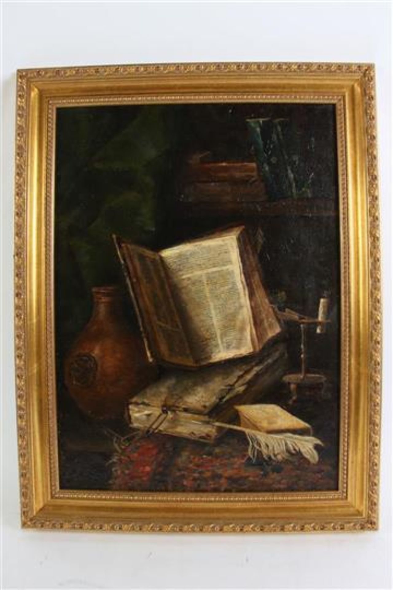 Schilderij, olieverf op doek, 'Stilleven', gesigneerd L. Mulder. HxB: 56 x 41 cm.