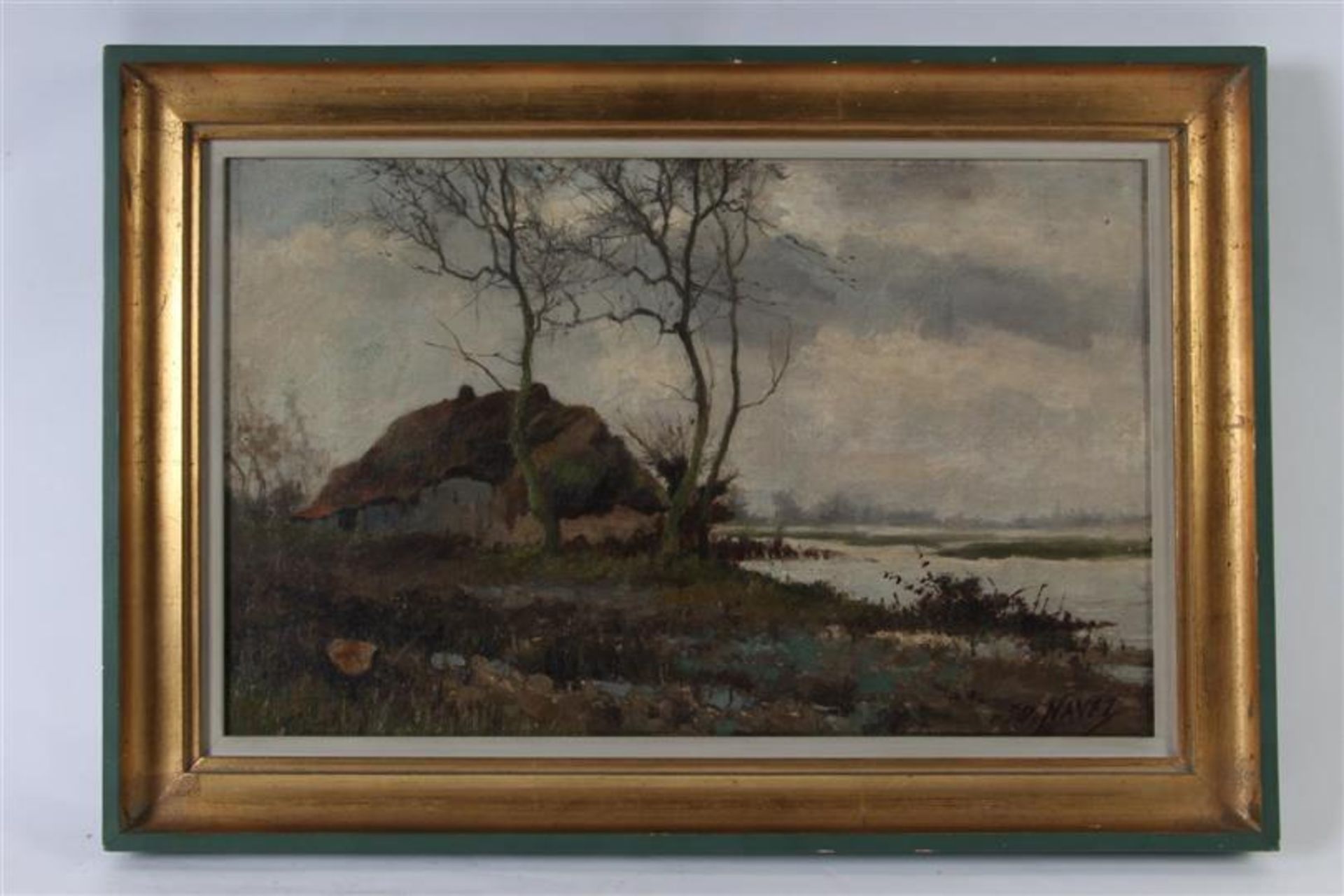 Schilderij, olieverf op doek, 'Boerderij in wintertijd', gesigneerd Navez. HxB: 29 x 46 cm.