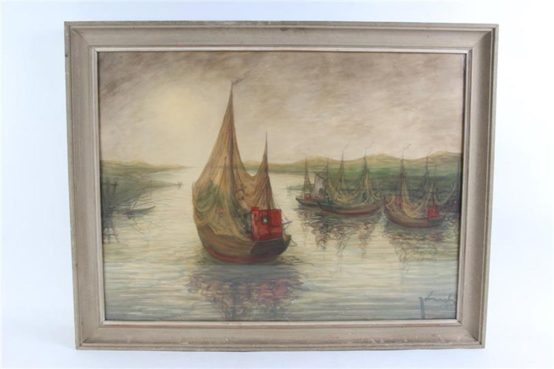 Gemengde techniek op papier 'Vissersboten in de haven'. Theo Idserda (1915-1992) HxB: 65.5 x 87.5