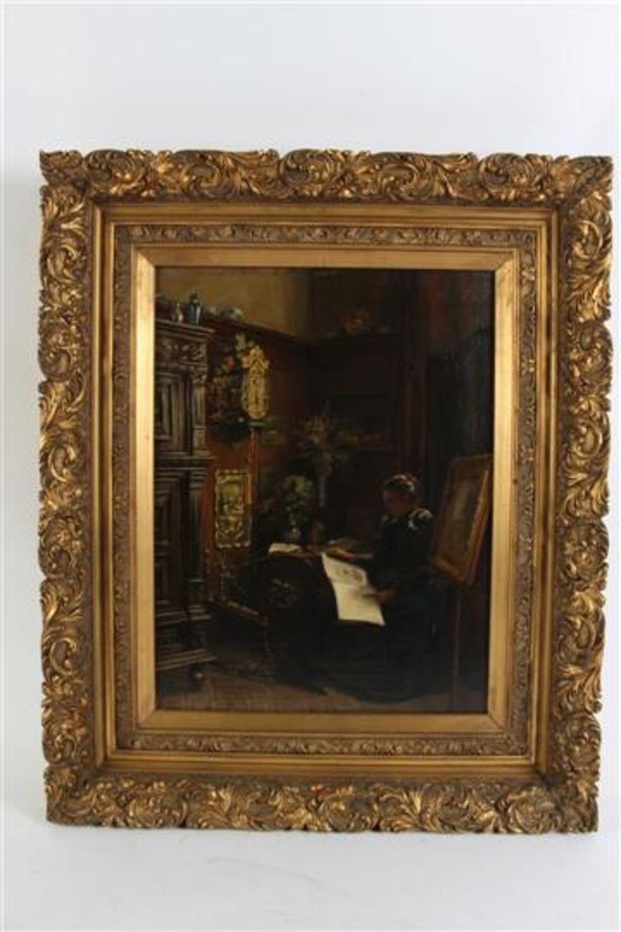 Schilderij, olieverf op doek, 'Interieur met lezende vrouw', gesigneerd G.C. ter Kuile, gedateerd