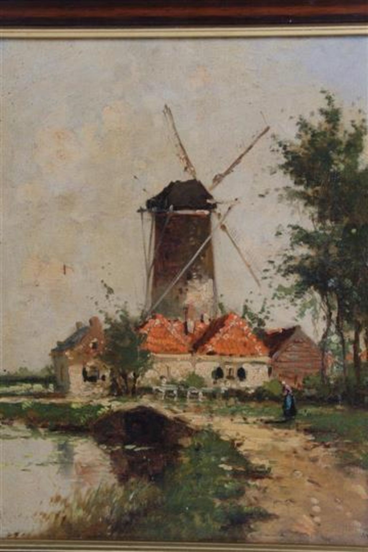 Schilderij, olieverf op doek, 'Gezicht op een molen aan het water'. HxB: 29 x 23 cm. - Bild 2 aus 3