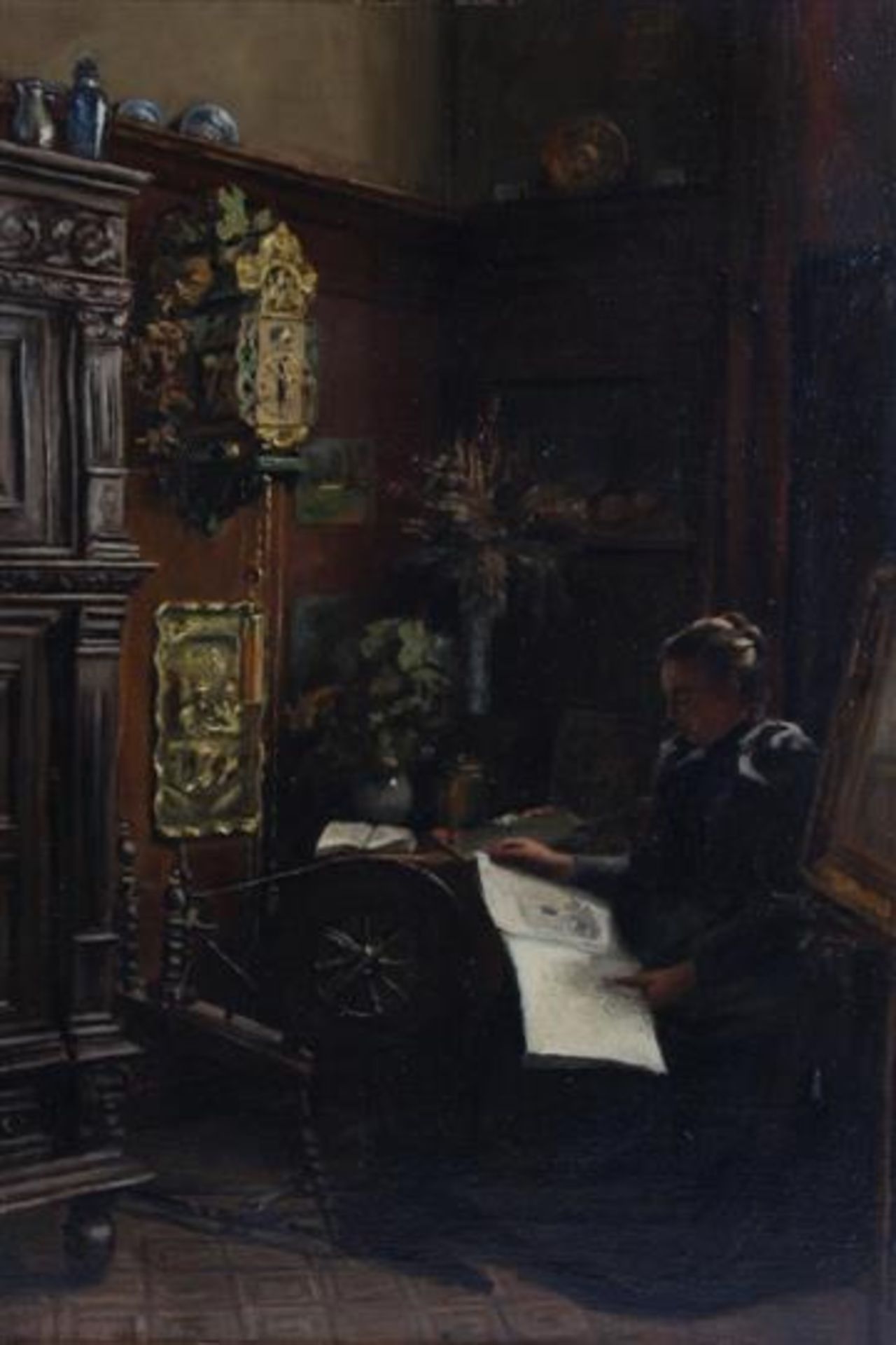 Schilderij, olieverf op doek, 'Interieur met lezende vrouw', gesigneerd G.C. ter Kuile, gedateerd - Bild 2 aus 3