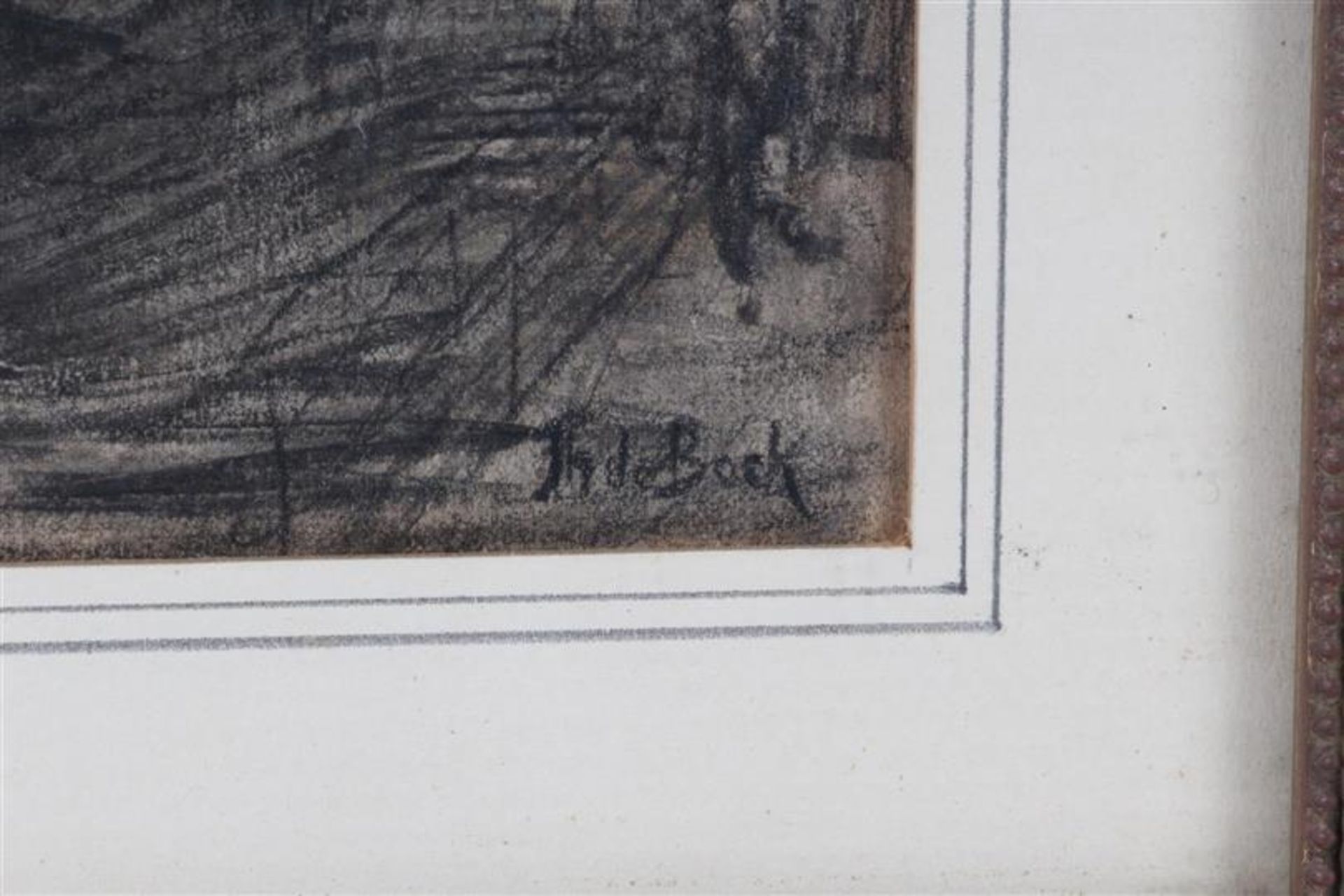 Houtskool tekening op papier 'Havengezicht'. Theophile de Bock (1851-1904) HxB: 16.5 x 24.5 cm. - Bild 2 aus 3