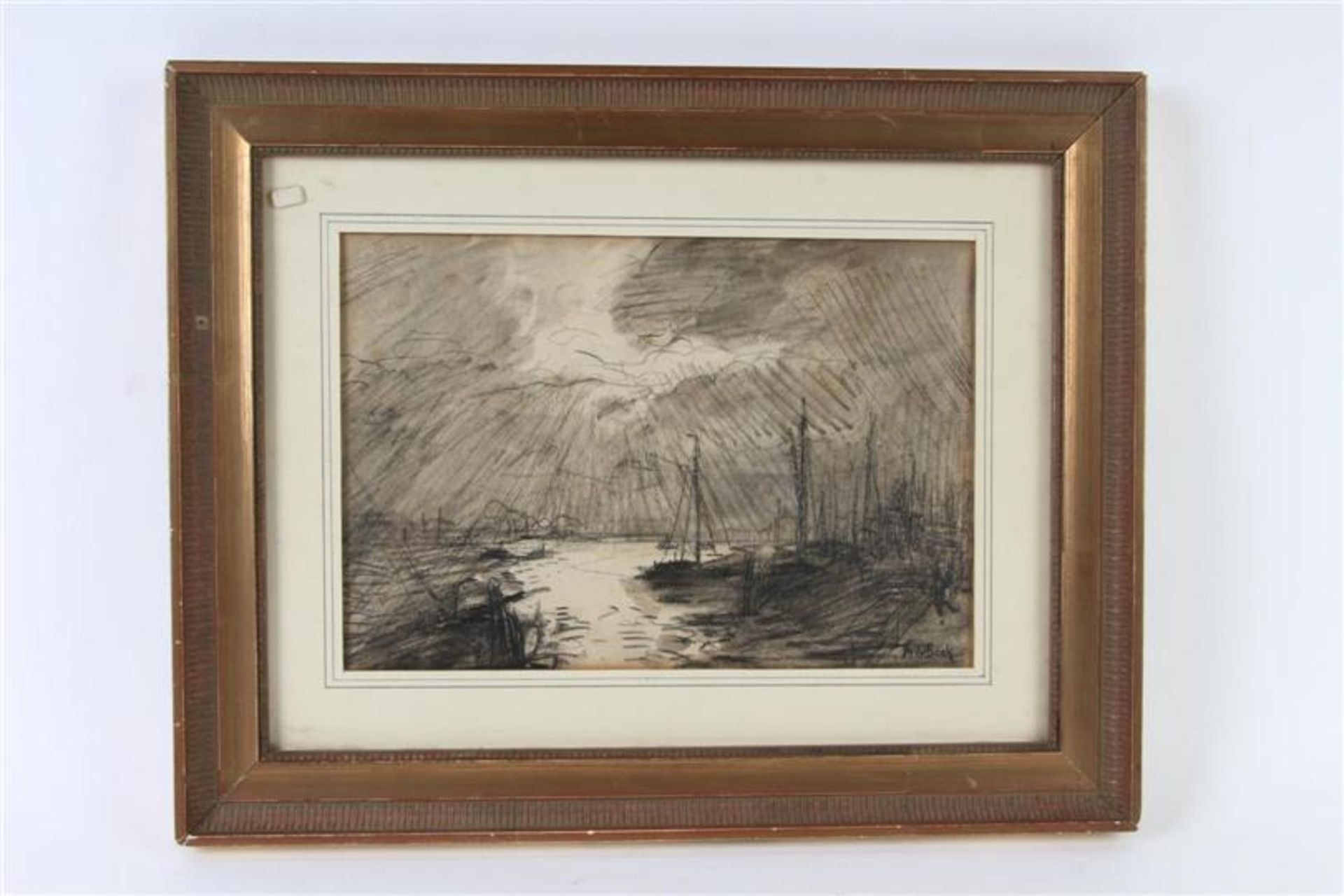 Houtskool tekening op papier 'Havengezicht'. Theophile de Bock (1851-1904) HxB: 16.5 x 24.5 cm.