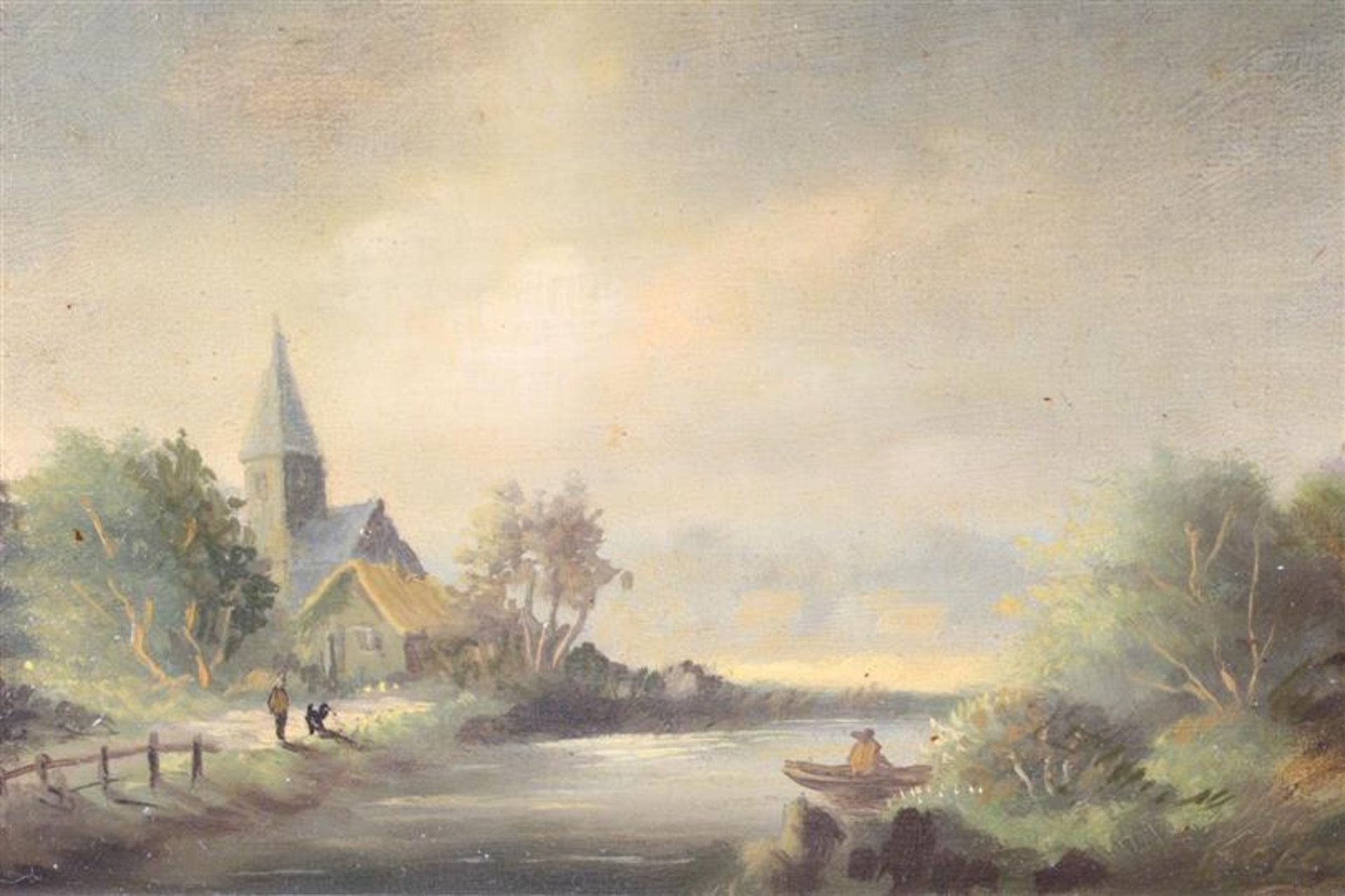 Schilderij, olieverf op doek 'Landschapstafereel', onduidelijk gesigneerd. HxB: 16.5 x 22.5 cm. - Bild 2 aus 4