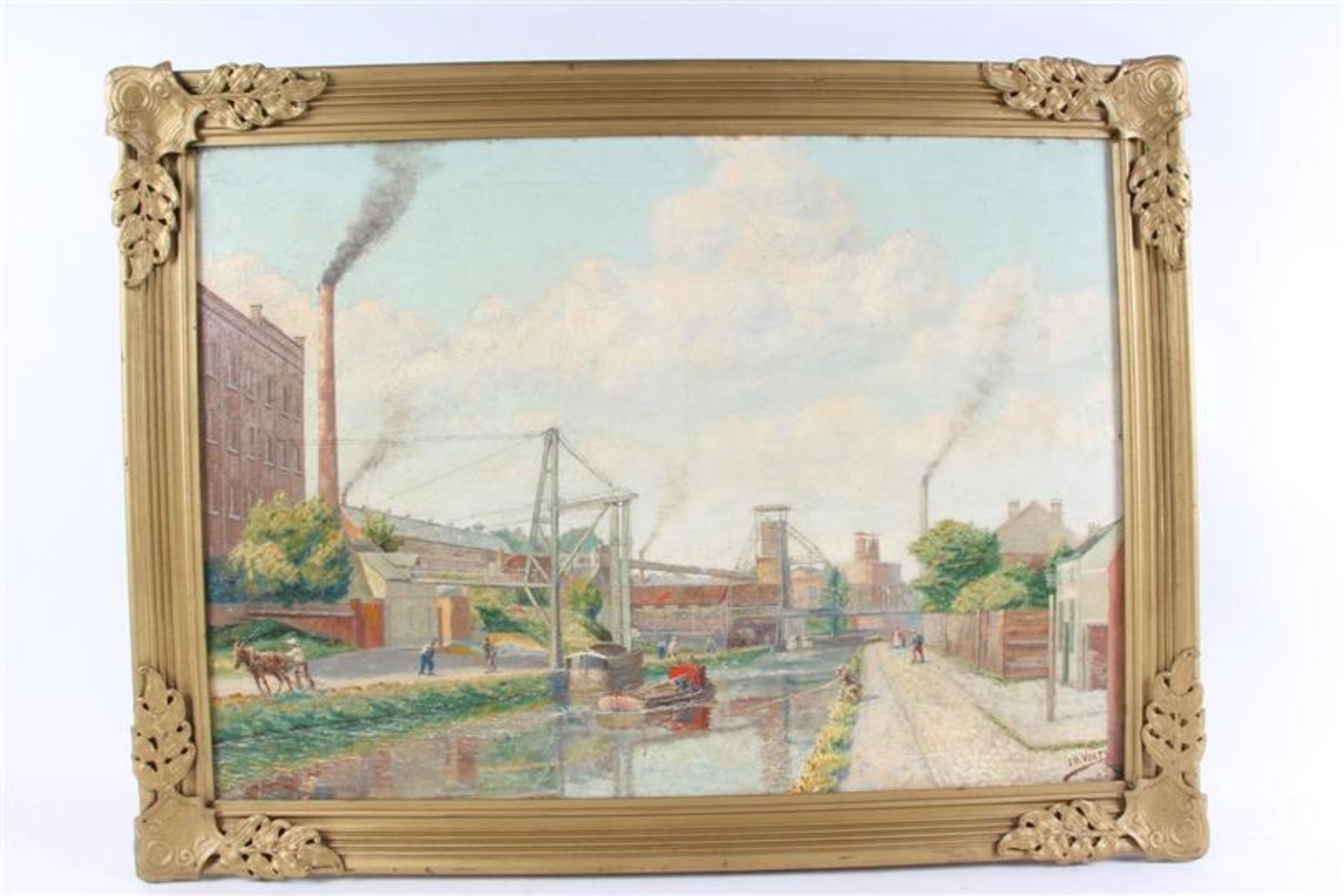 Schilderij op doek 'Nijverheid aan de vaart' Edouard Voets (1879-1982) HxB: 48 x 68 cm.