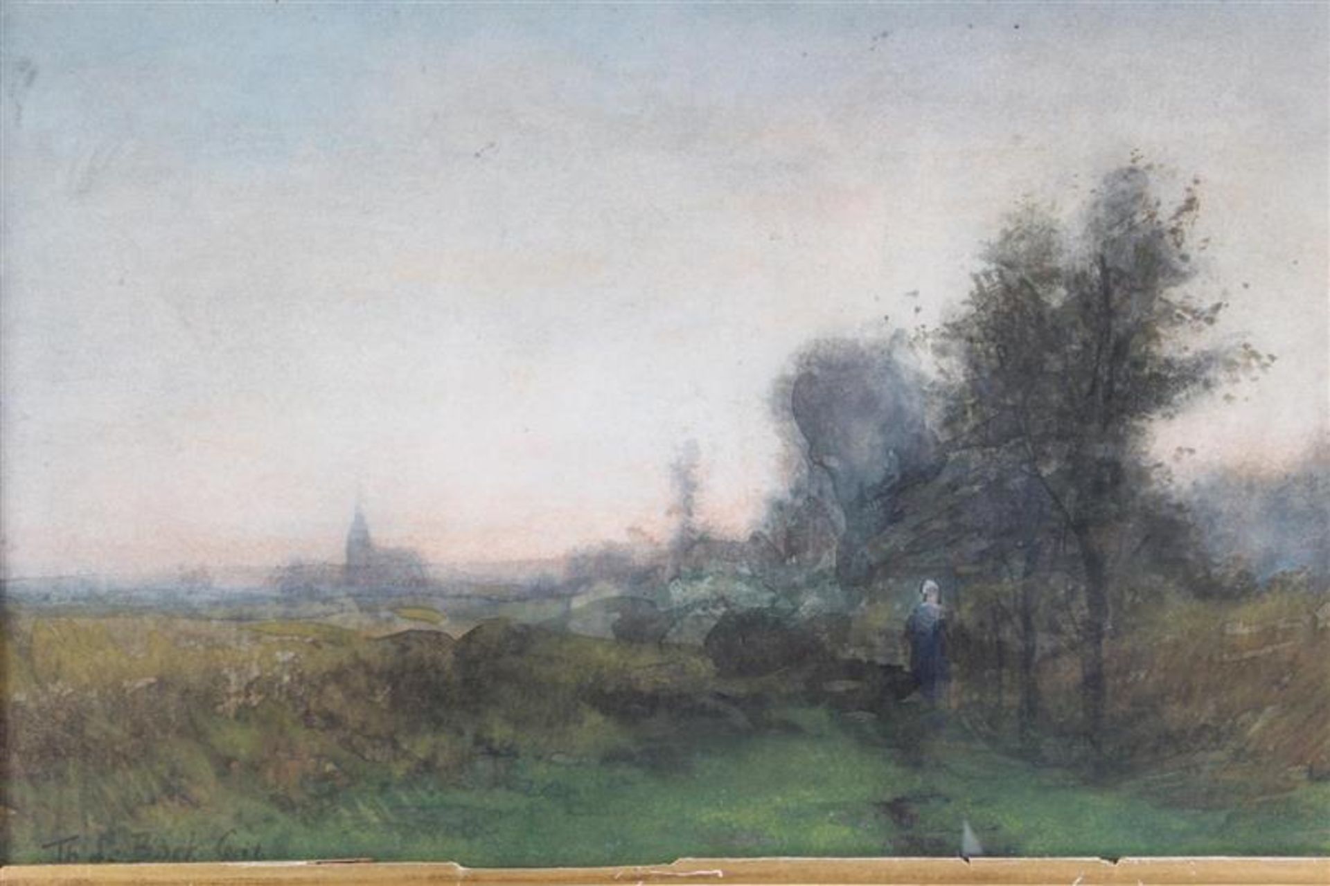 Aquarel, 'Wandelende vrouw in landschap'. Theophile de Bock (1851-1904) HxB: 21 x 33 cm. - Bild 2 aus 4
