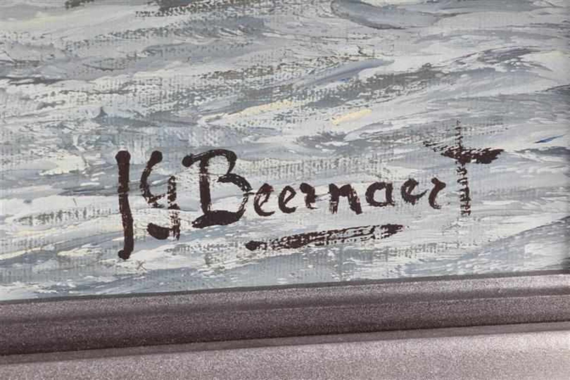 Schilderij op doek 'Havenstad'. J.G. Beernaert (1928-1998) HxB: 47.5 x 59 cm. - Image 3 of 4