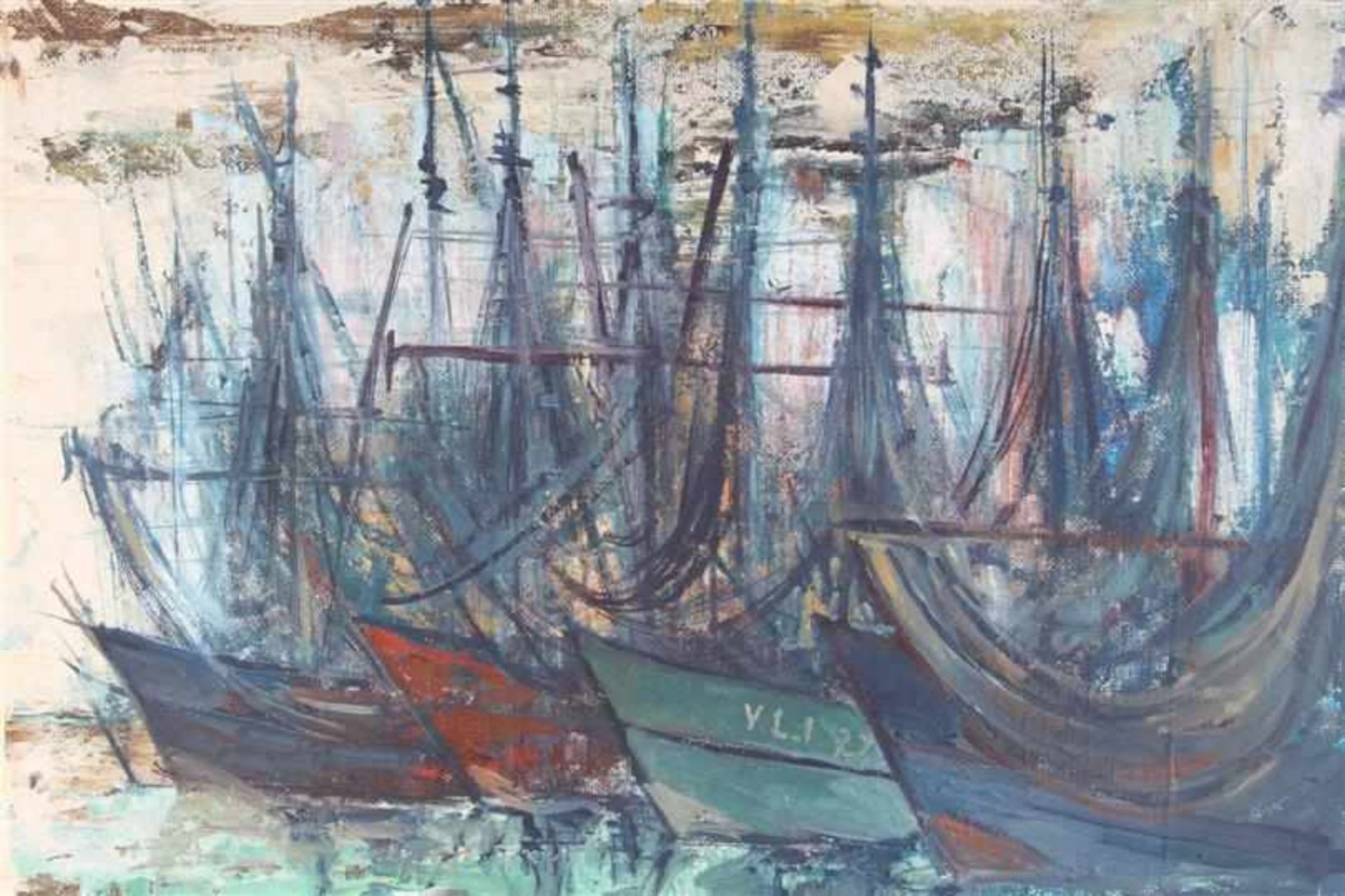 Schilderij, olieverf op board, 'Vissersboten'. Gerrit Johannes Frans Naerebout (1915-1988) HxB: 50 x - Image 2 of 3