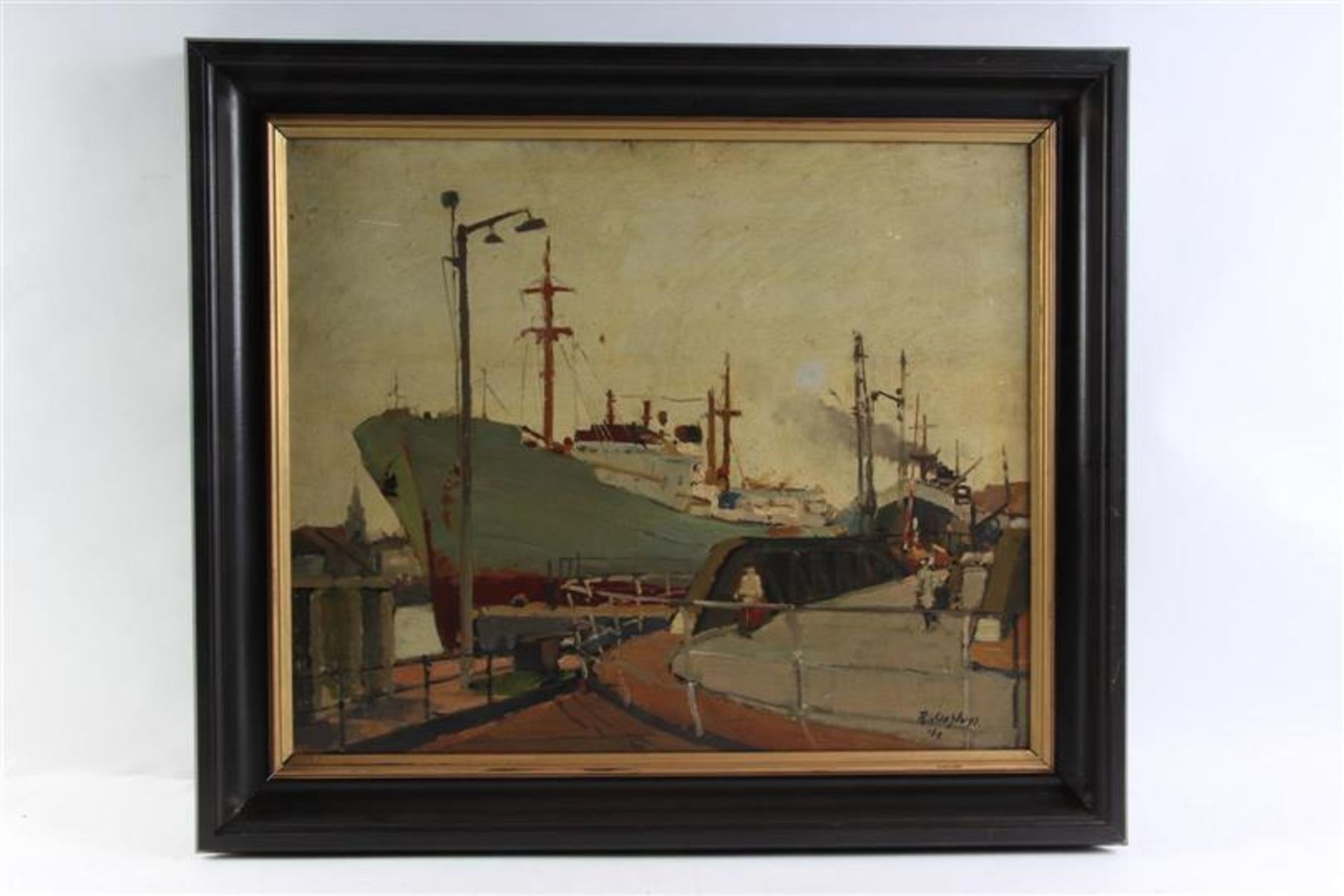 Schilderij op board 'Schepen aan de kade', gedateerd '69. Remy van Sluys (1907-1994) HxB: 48 x 58