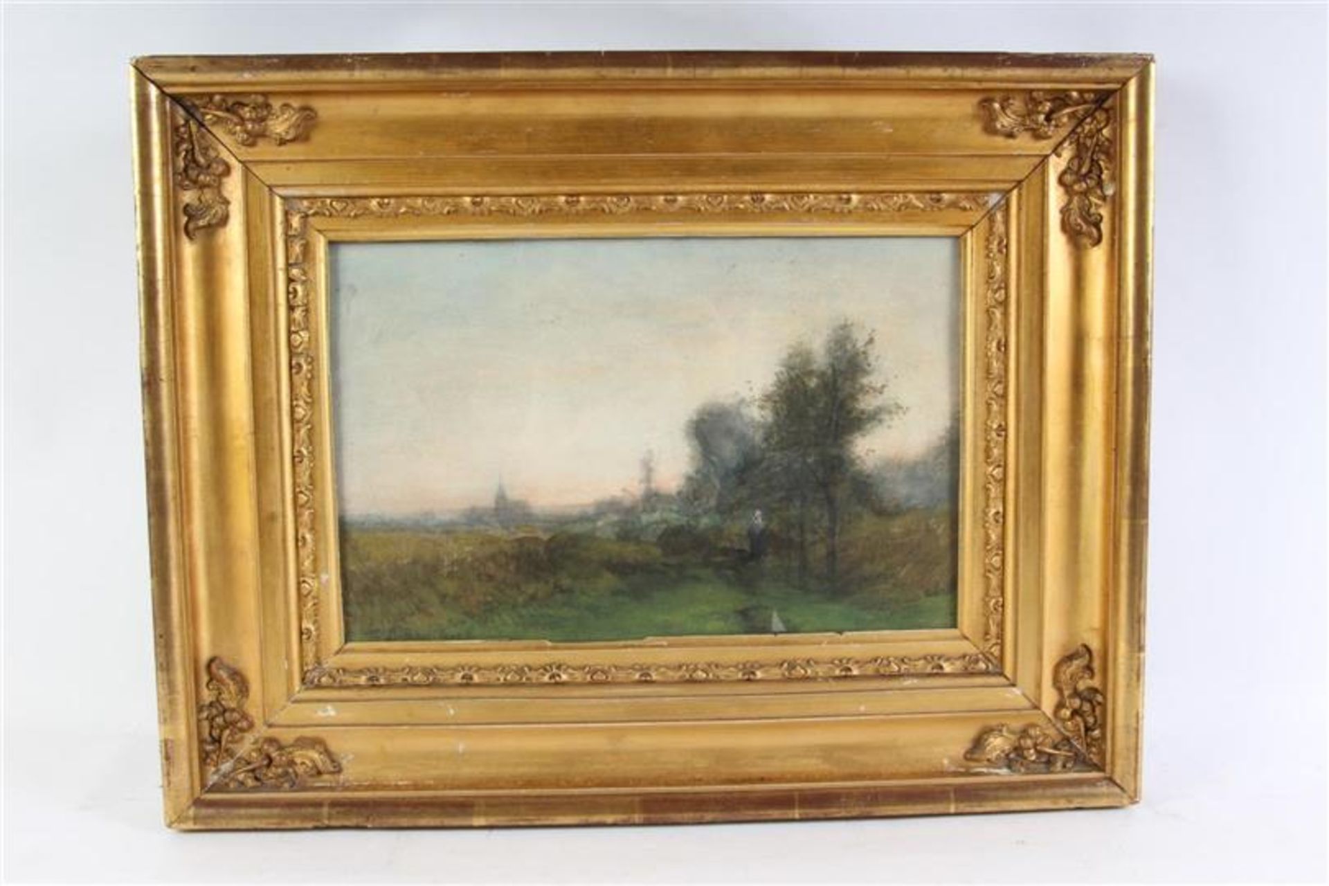 Aquarel, 'Wandelende vrouw in landschap'. Theophile de Bock (1851-1904) HxB: 21 x 33 cm.