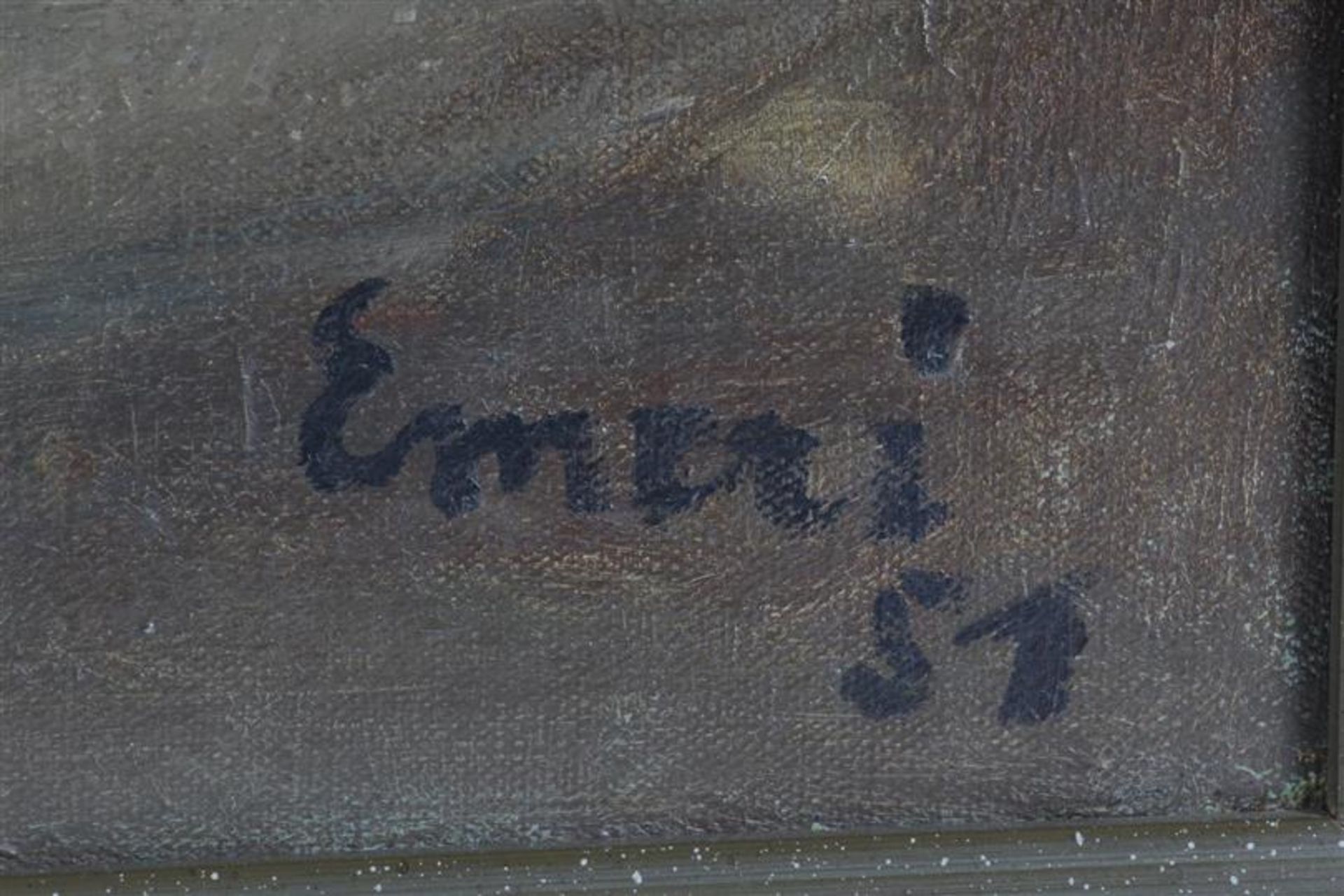 Schilderij op doek 'Boten op het strand', gesigneerd Emeri. HxB: 49.5 x 59.5 cm. - Image 3 of 4