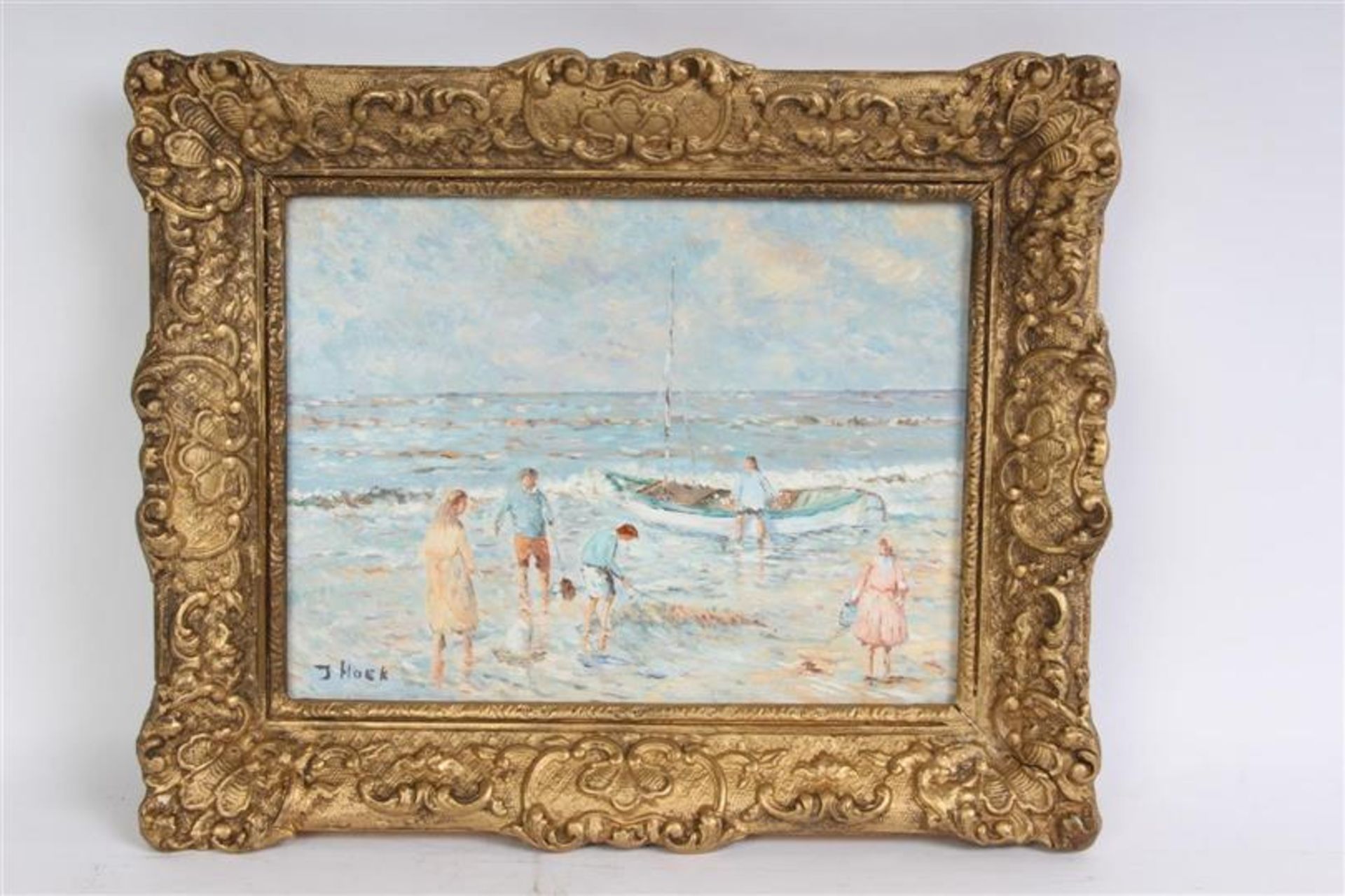Schilderij op paneel 'Strandgezicht'. J. Hoek HxB: 17 x 22.5 cm.