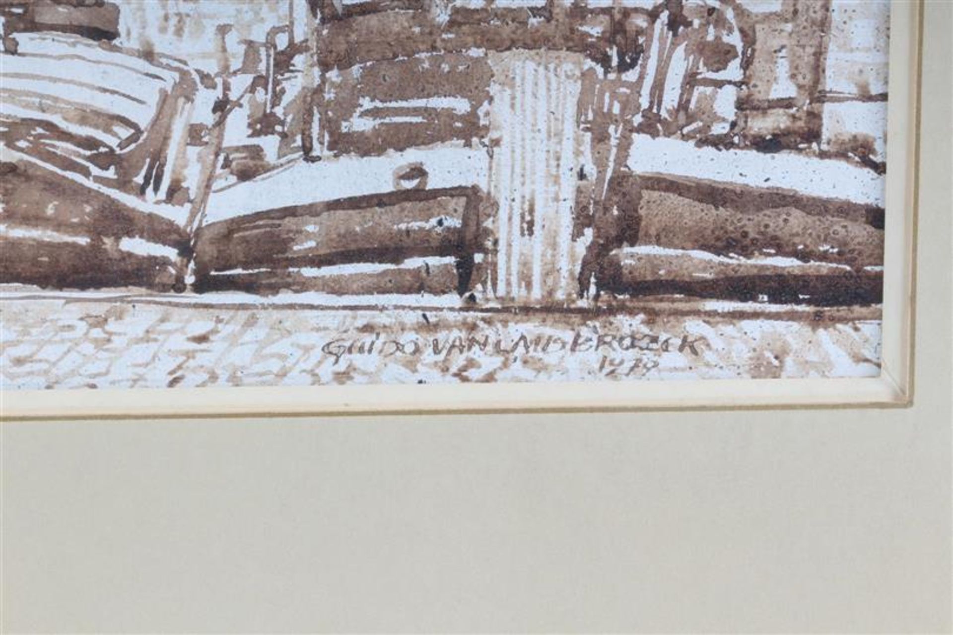 Inkttekening ín sepia op papier 'Havengezicht', gesigneerd Guido van Landbroeck 1970. HxB: 31.5 x 44 - Bild 2 aus 3