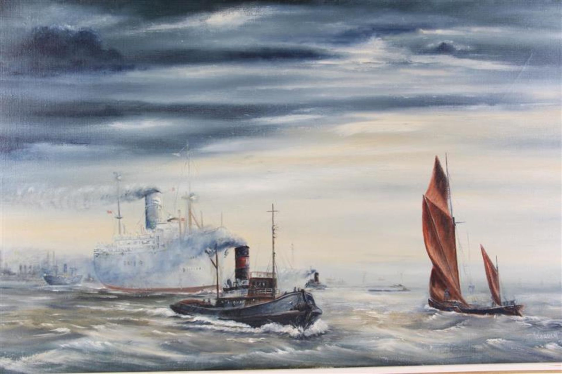 Schilderij op doek 'Scheepvaart', gesigneerd Warden '71. HxB: 44.5 x 75 cm. - Bild 2 aus 4