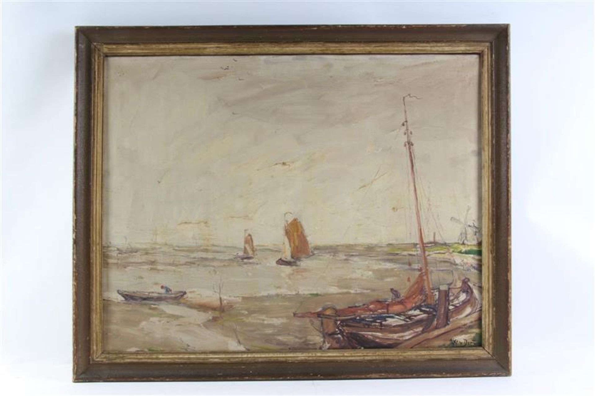 Schilderij, olieverf op doek, 'Havengezicht'. Willem van Dort (1875-1949) HxB: 55 x 70 cm.