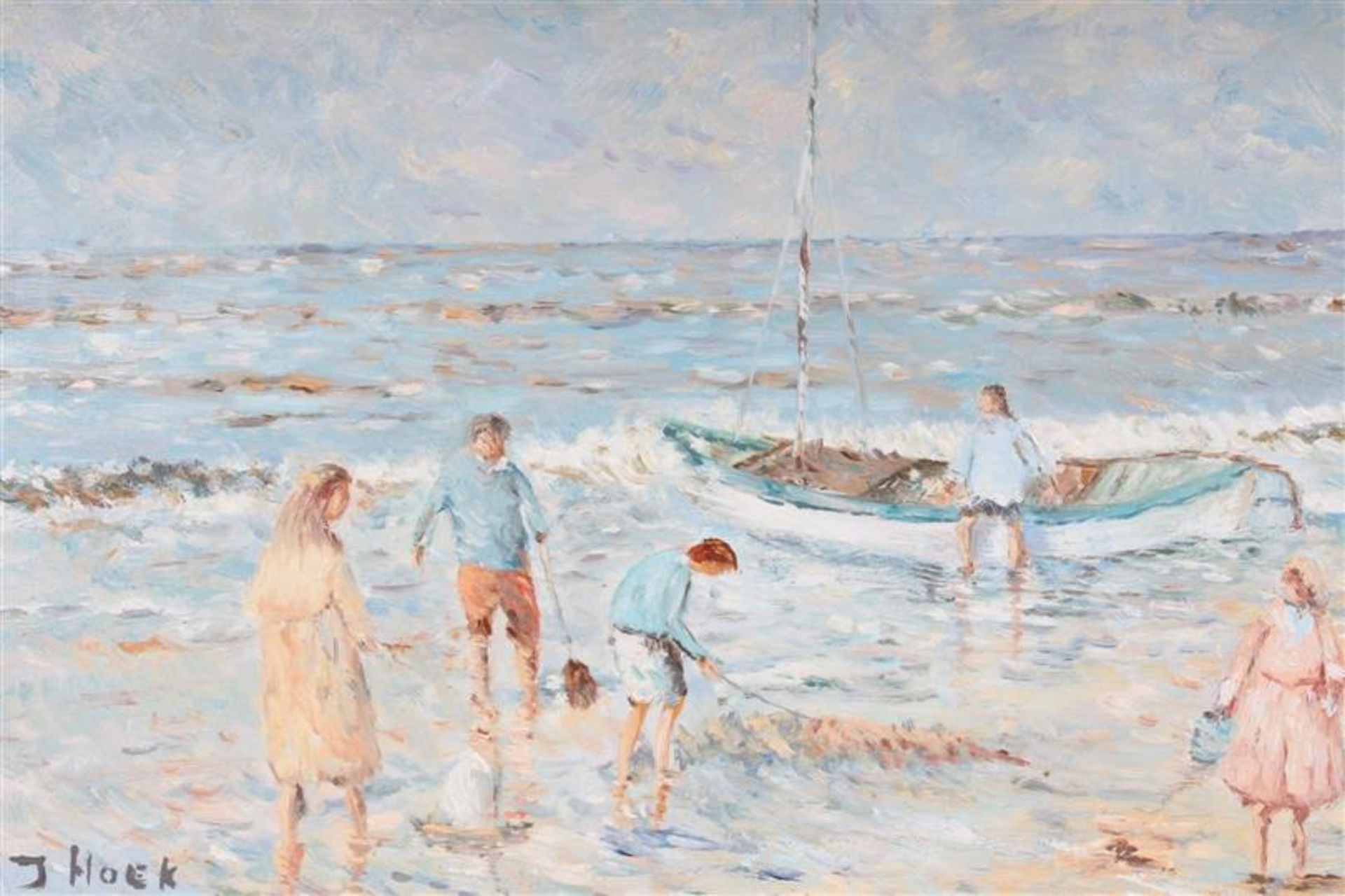 Schilderij op paneel 'Strandgezicht'. J. Hoek HxB: 17 x 22.5 cm. - Image 2 of 4