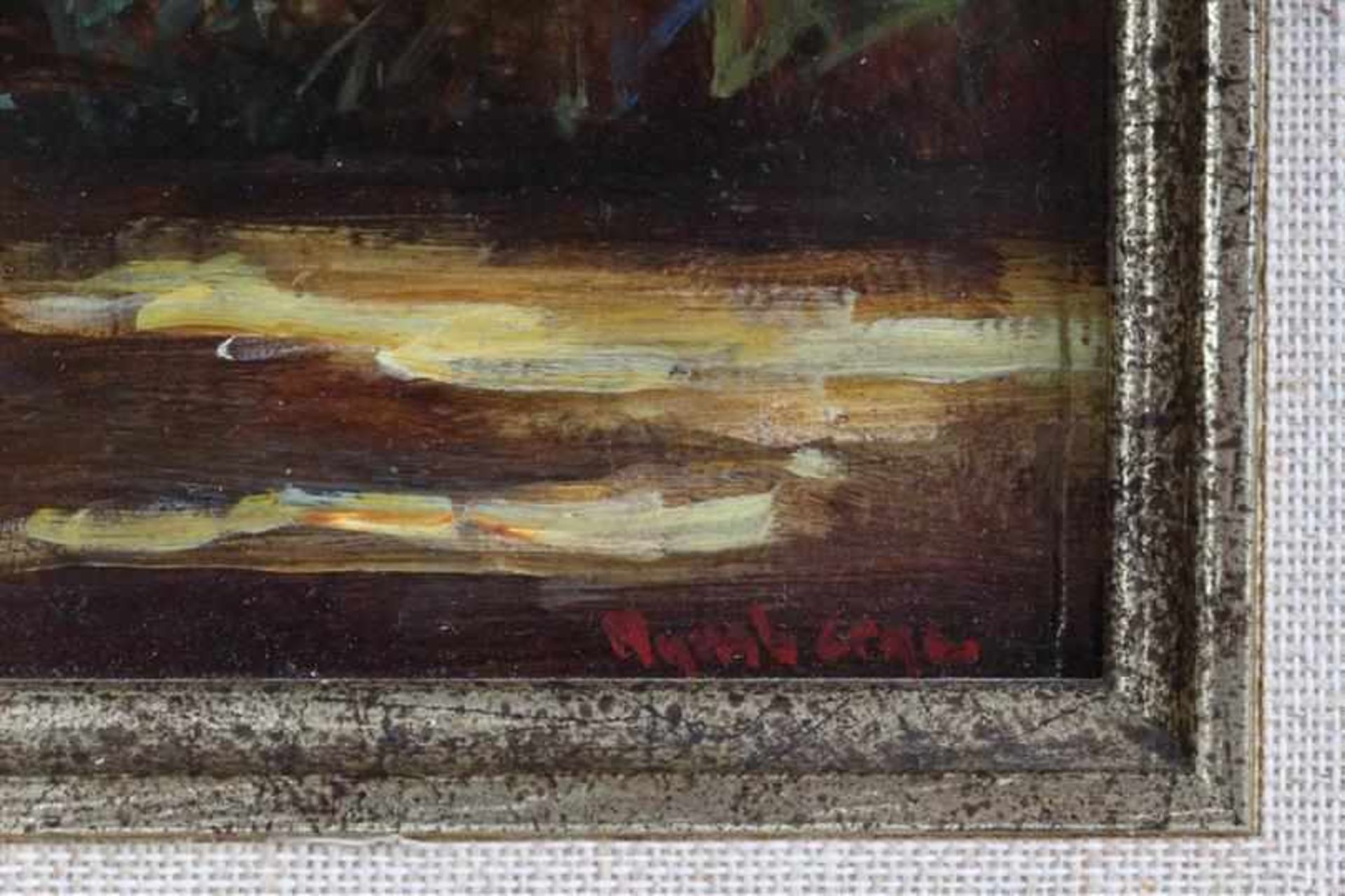 Schilderij, olieverf op paneel 'Moedereend met kroost aan de waterkant', onduidelijk gesigneerd. - Image 2 of 3