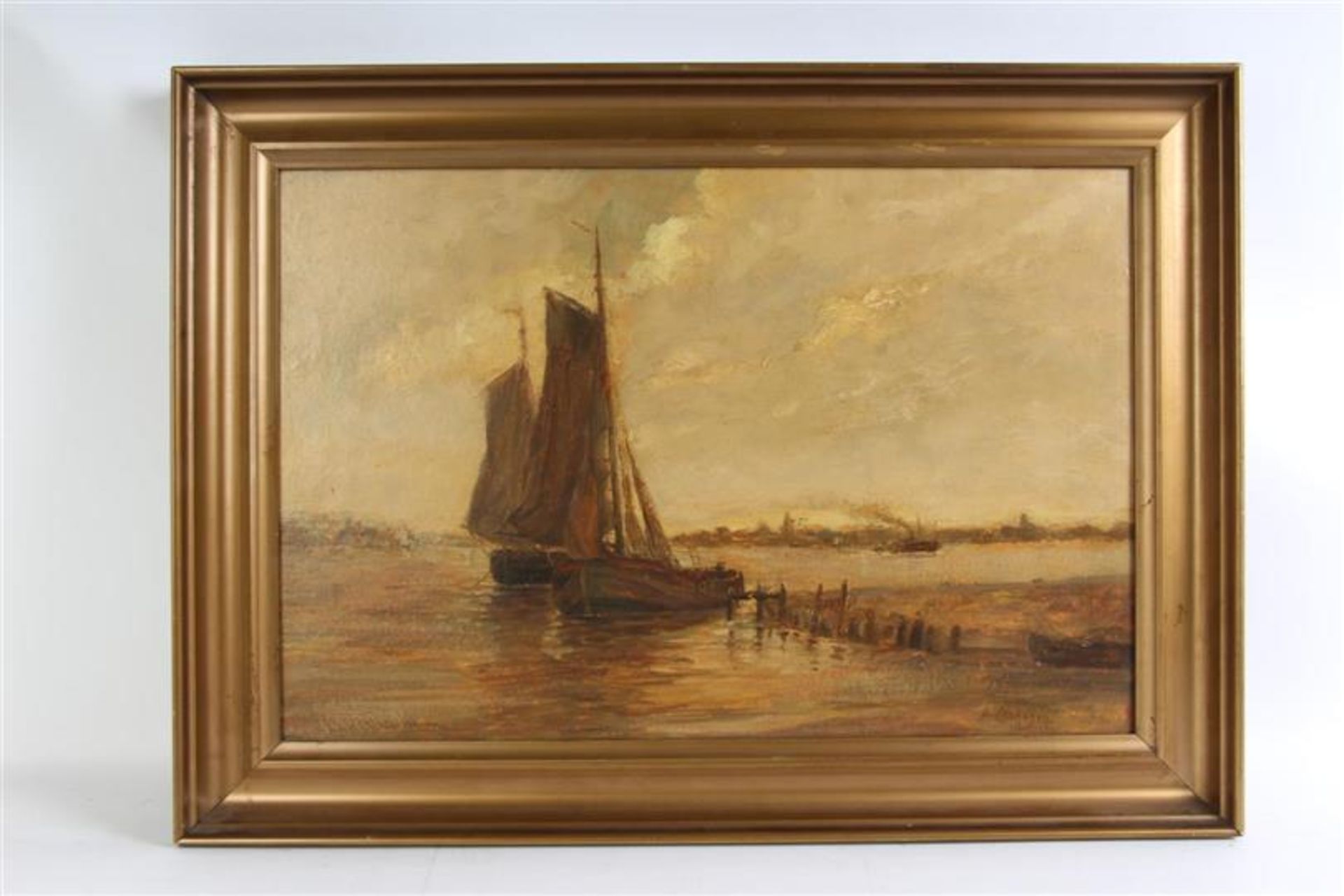 Schilderij, olieverf op paneel, 'Gezicht op Noordzeekanaal'. J Tenhagen (1880-1920) HxB: 33 x 49