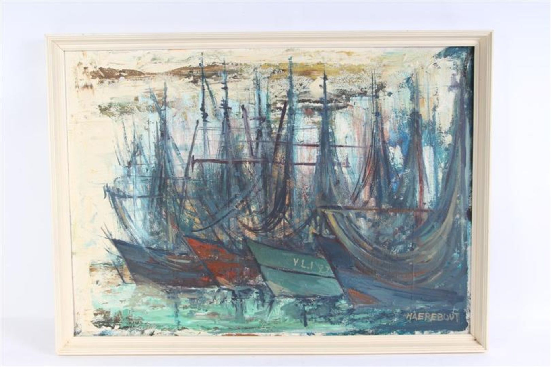 Schilderij, olieverf op board, 'Vissersboten'. Gerrit Johannes Frans Naerebout (1915-1988) HxB: 50 x
