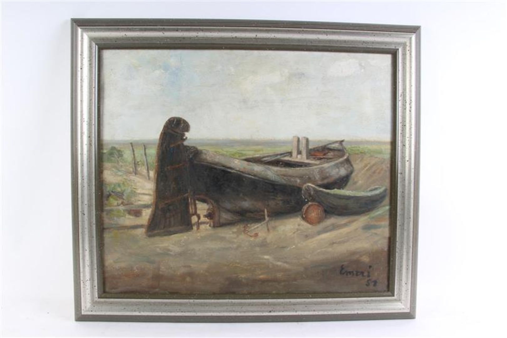 Schilderij op doek 'Boten op het strand', gesigneerd Emeri. HxB: 49.5 x 59.5 cm.