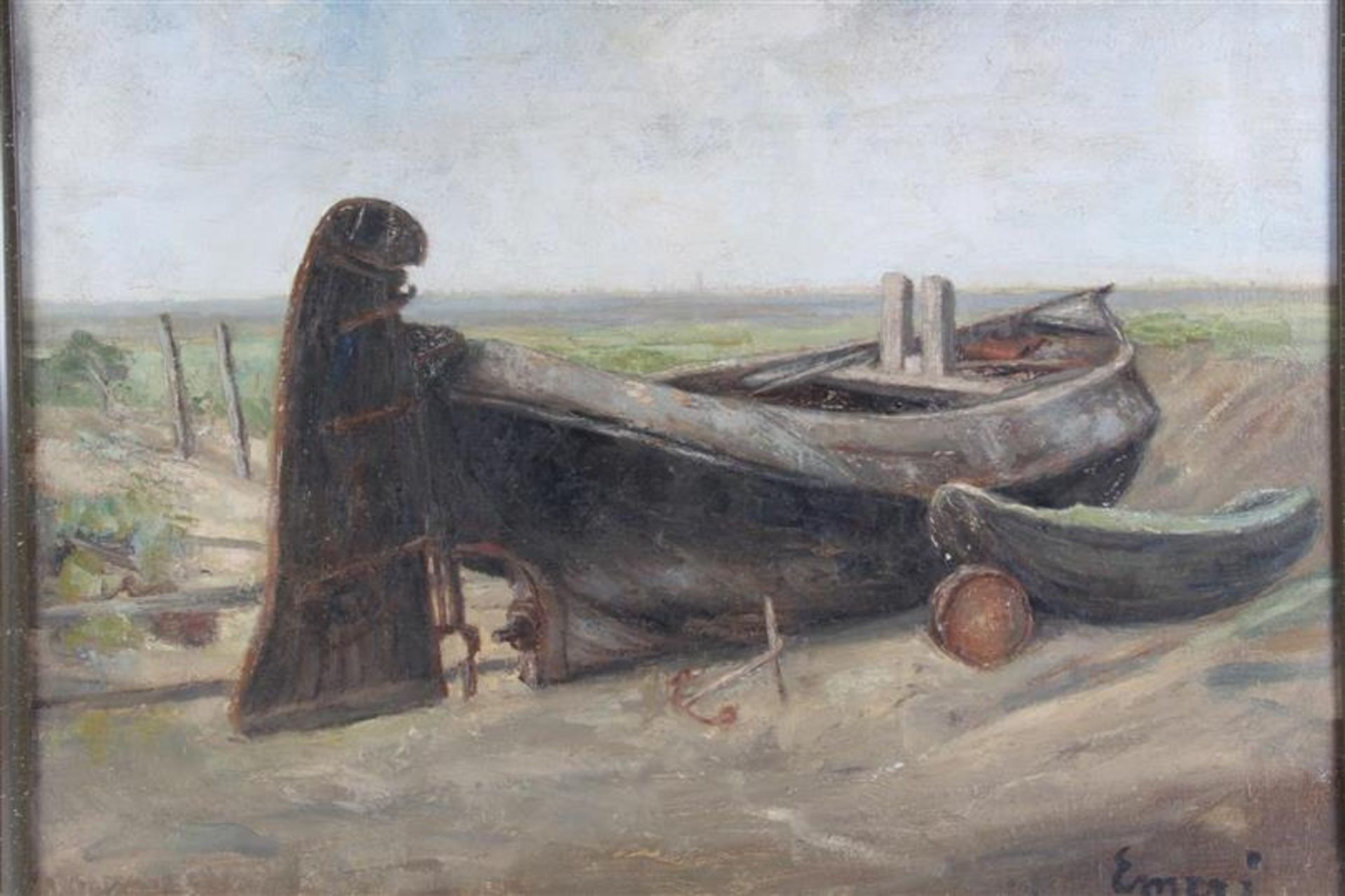 Schilderij op doek 'Boten op het strand', gesigneerd Emeri. HxB: 49.5 x 59.5 cm. - Image 2 of 4