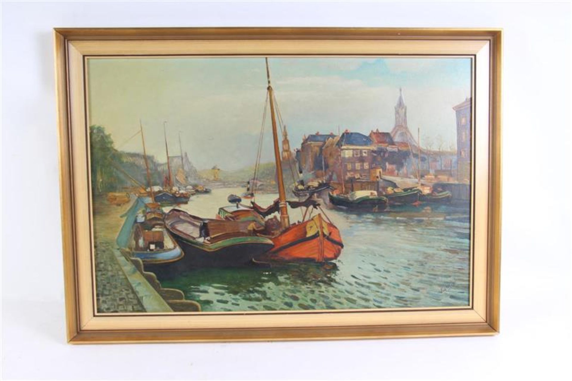 Schilderij, olieverf op board 'Havengezicht', gesigneerd F.v.d. Heuvel. HxB: 50 x 75 cm.