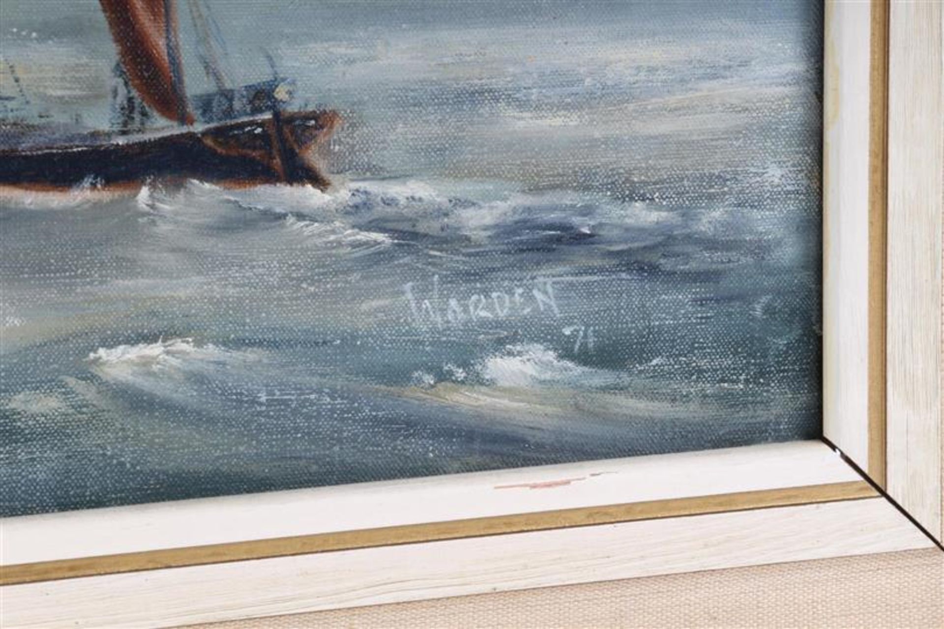 Schilderij op doek 'Scheepvaart', gesigneerd Warden '71. HxB: 44.5 x 75 cm. - Bild 3 aus 4