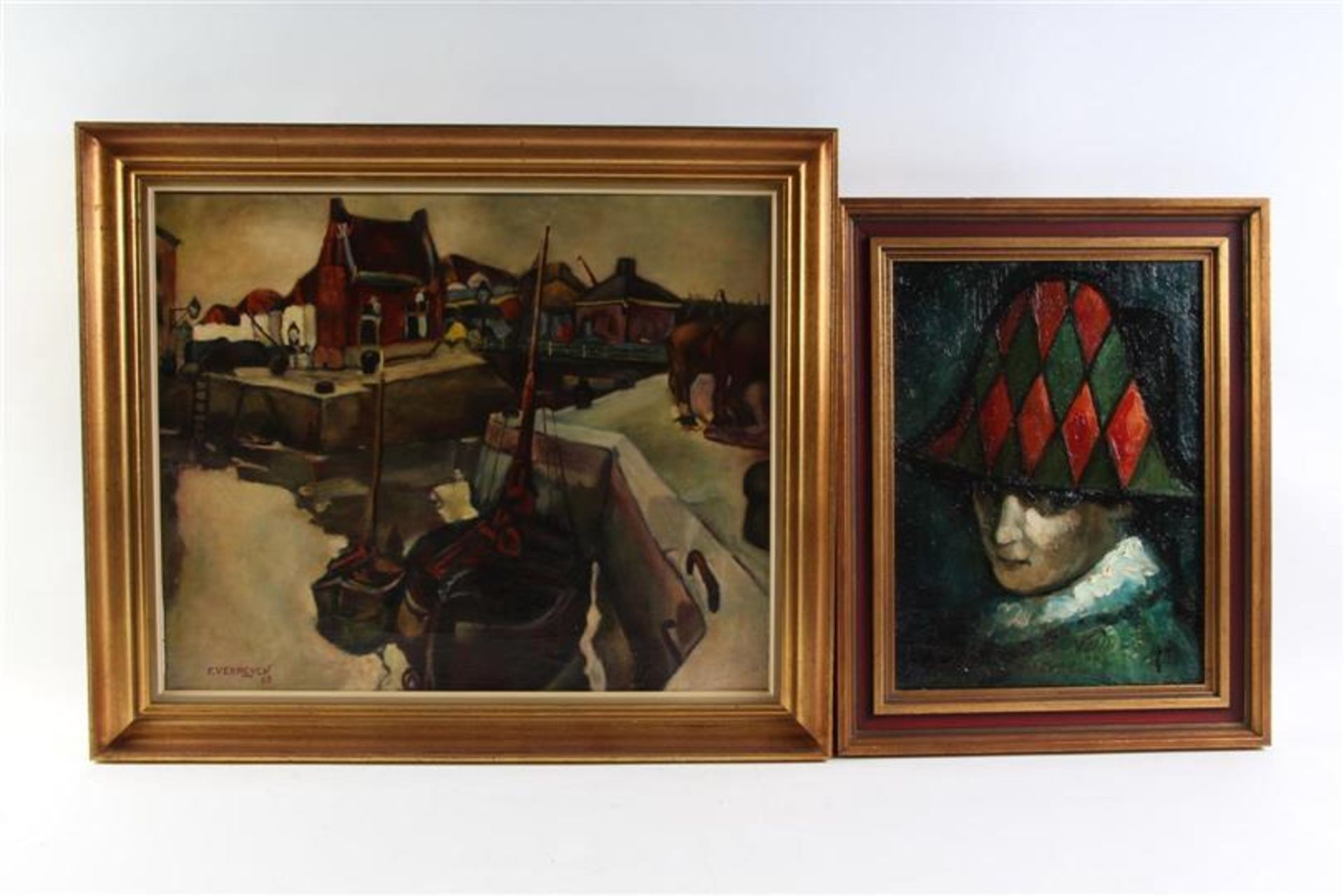Twee schilderijen op doek, waaronder 'Kade met schepen' gesigneerd K. Vermeire. HxB: 44 x 55 en 38 x
