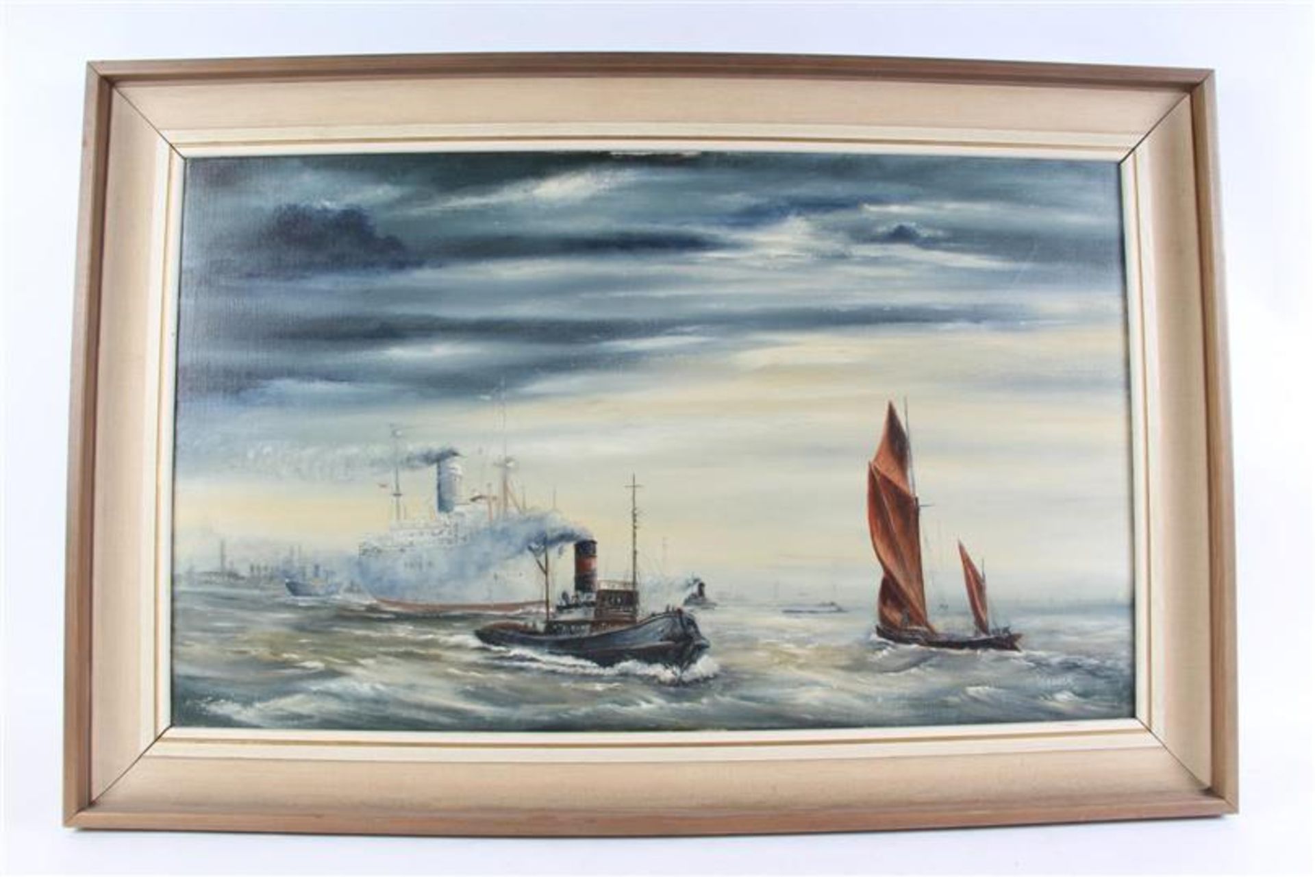 Schilderij op doek 'Scheepvaart', gesigneerd Warden '71. HxB: 44.5 x 75 cm.