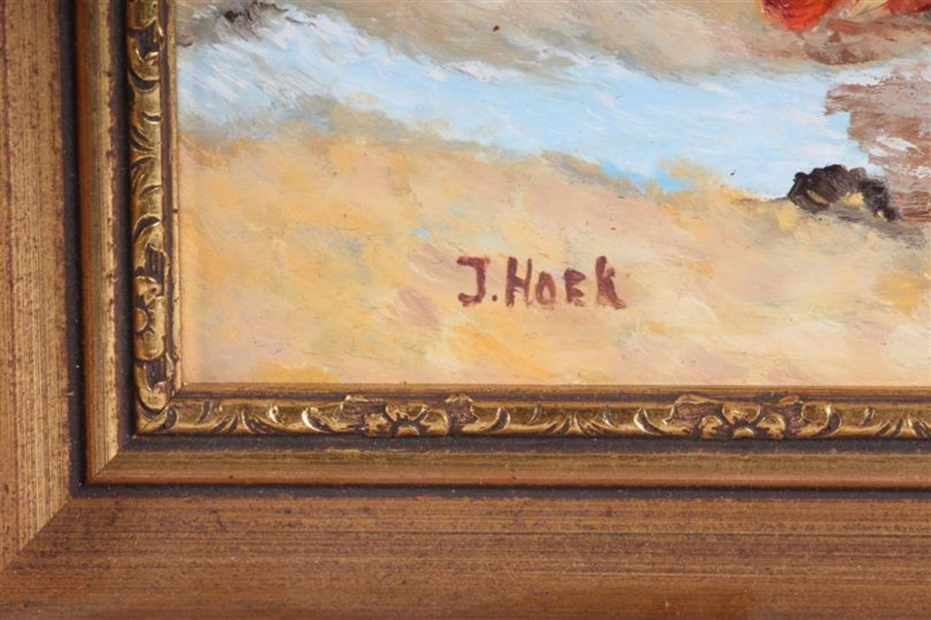 Schilderij op paneel, 'Strandgezicht', gesigneerd J. Hoek. HxB: 19 x 28 cm. - Bild 4 aus 4