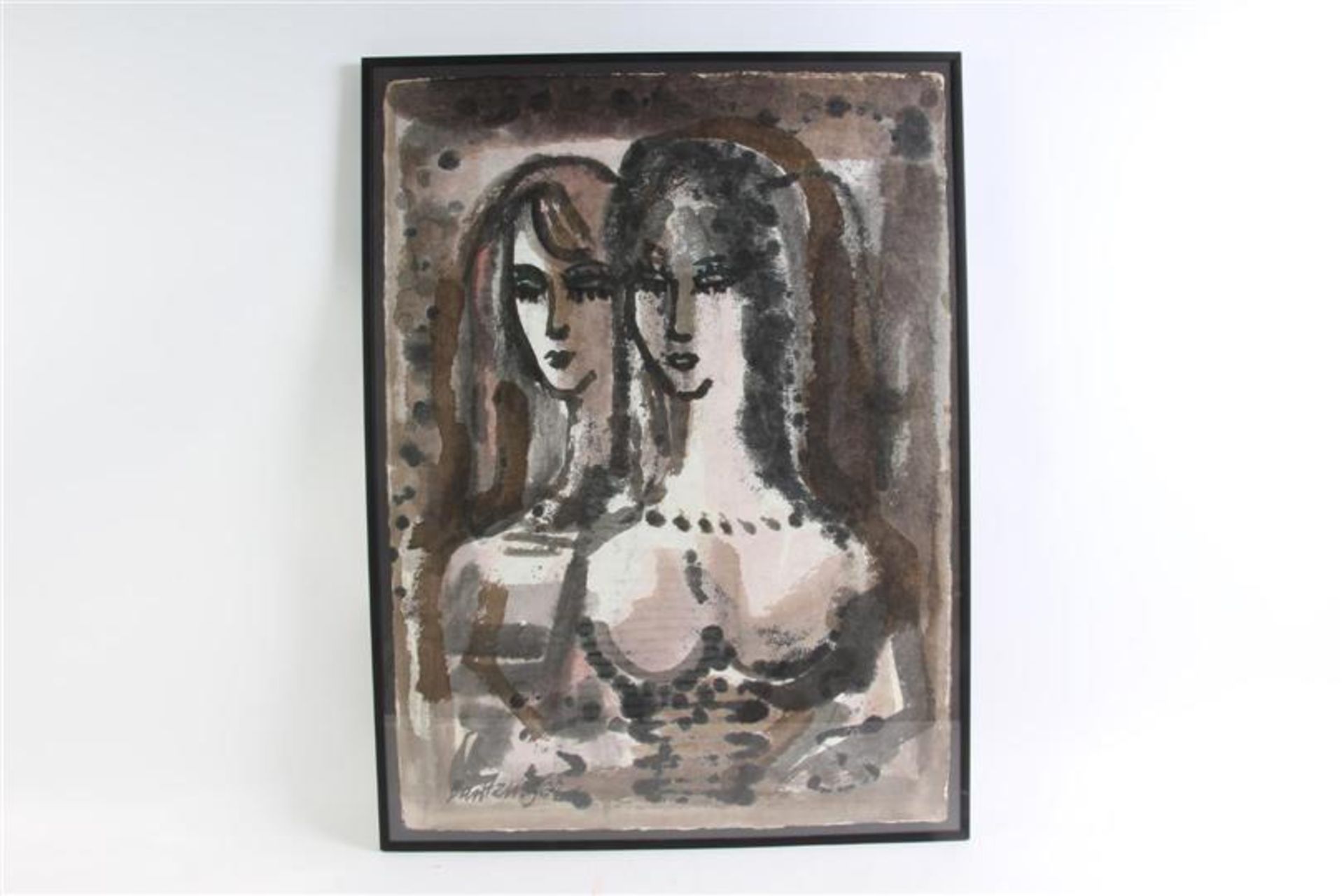 Aquarel, 'Twee dames'. Cornelis Adrianus Bernardus Bantzinger (1914-1985) HxB: 77 x 57 cm. - Image 3 of 3