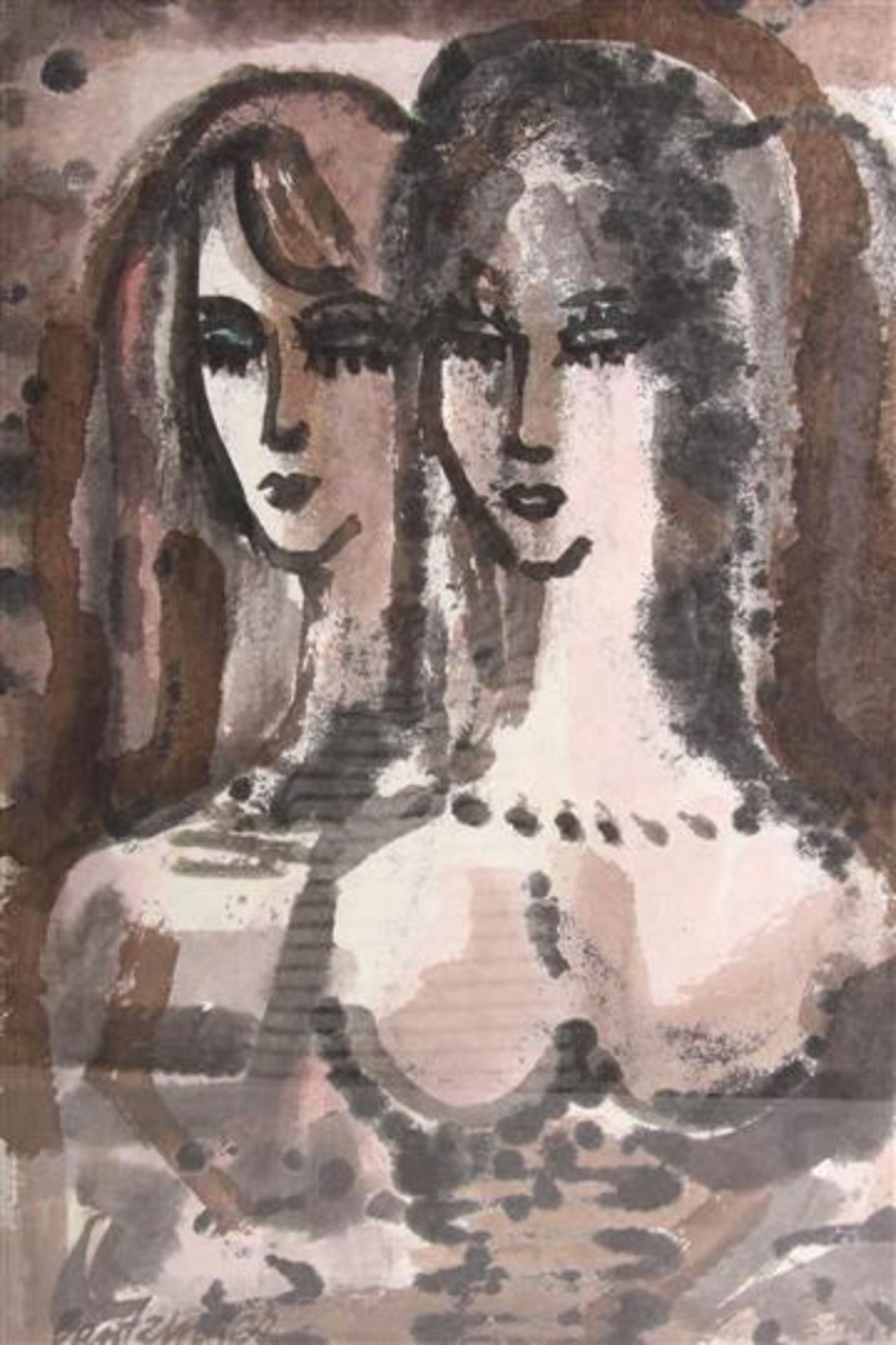 Aquarel, 'Twee dames'. Cornelis Adrianus Bernardus Bantzinger (1914-1985) HxB: 77 x 57 cm.