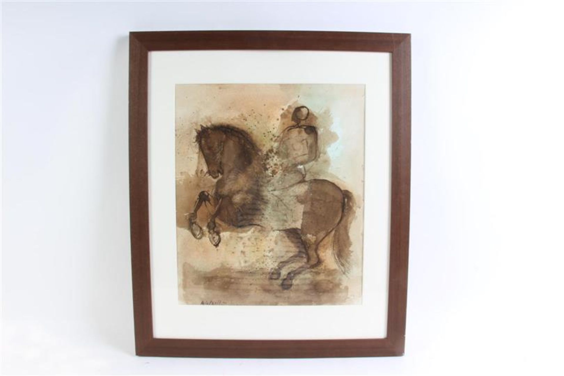 Aquarel, 'Ruiter te paard'. Miguel Wetzell Gayoso (1951-) HxB: 45 x 38 cm.