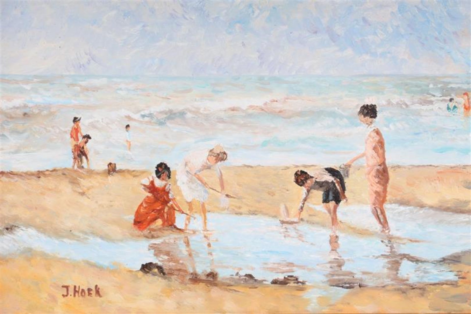 Schilderij op paneel, 'Strandgezicht', gesigneerd J. Hoek. HxB: 19 x 28 cm. - Bild 2 aus 4