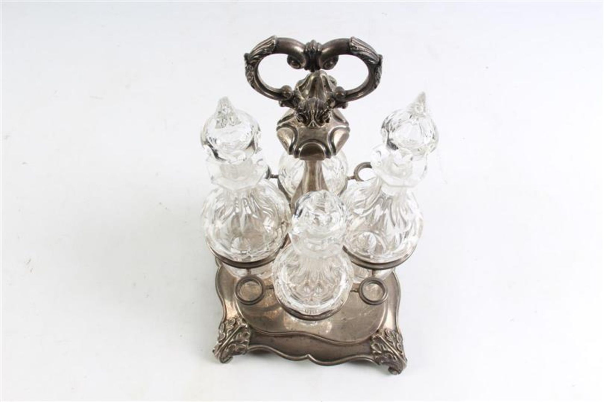 Zilveren met kristallen olie- en azijnstel, Halland, Biedermeier, 19e eeuw. H: 29 cm. - Image 4 of 6