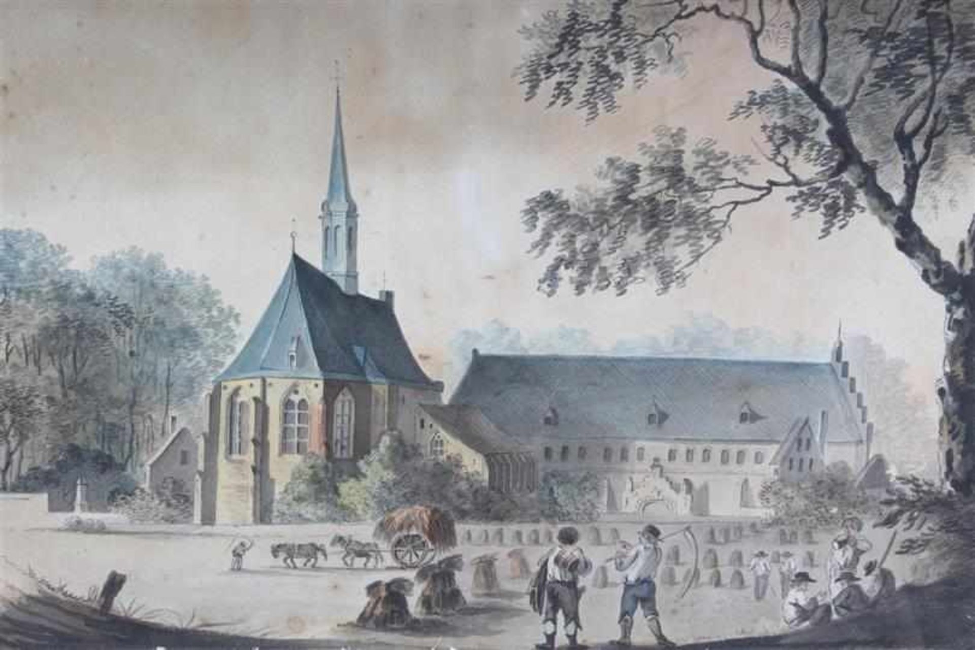 Aquarel, 'Gezicht op een kerk'. HxB: 34 x 43 cm. - Bild 2 aus 3