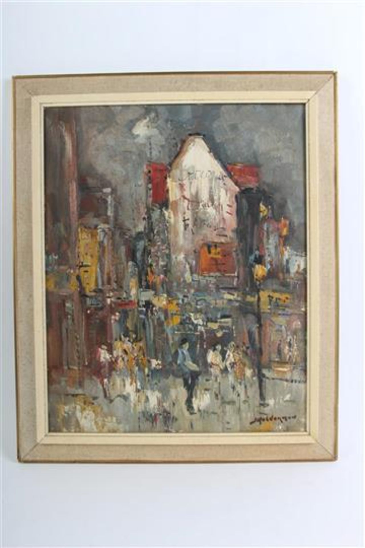 Schilderij, olieverf op doek, 'Stadsgezicht'. Jan Kelderman (1914-1990) HxB: 50 x 40 cm.