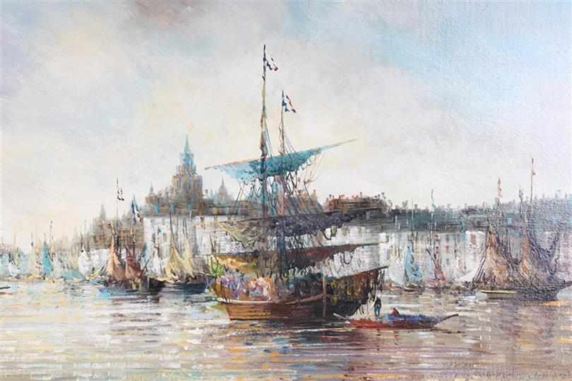 Schilderij op doek 'Schepen in de haven', r.o. gesigneerd R. Kordian. HxB: 50 x 60 cm. - Bild 3 aus 6