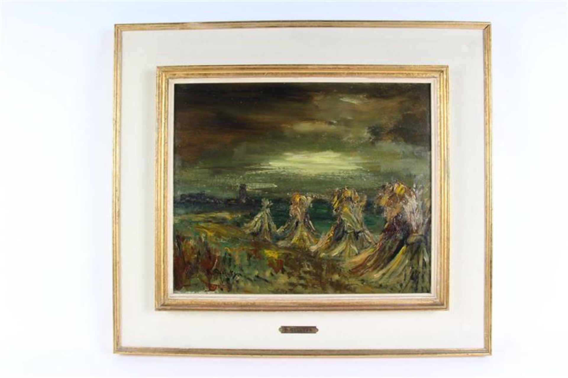 Schilderij 'Korenschoven'. R. Quintijn HxB: 34 x 42 cm.