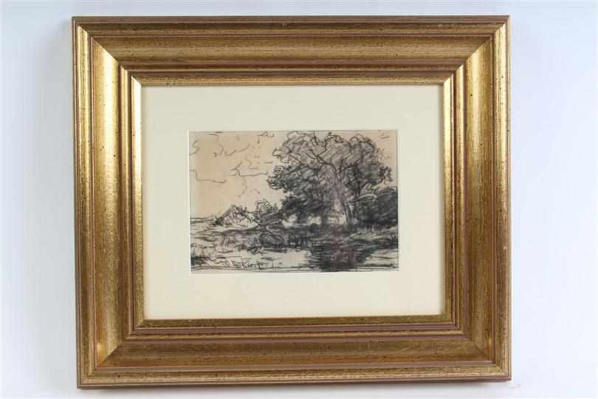 Houtskooltekening, 'Boerderij met bomen'. Willem Roelofs (1822-1897) HxB: 12 x 18 cm.