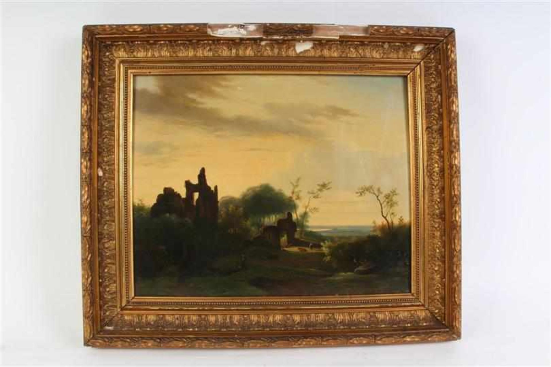 Schilderij olieverf op paneel 'Arcadisch landschap'. HxB: 33 x 42 cm.