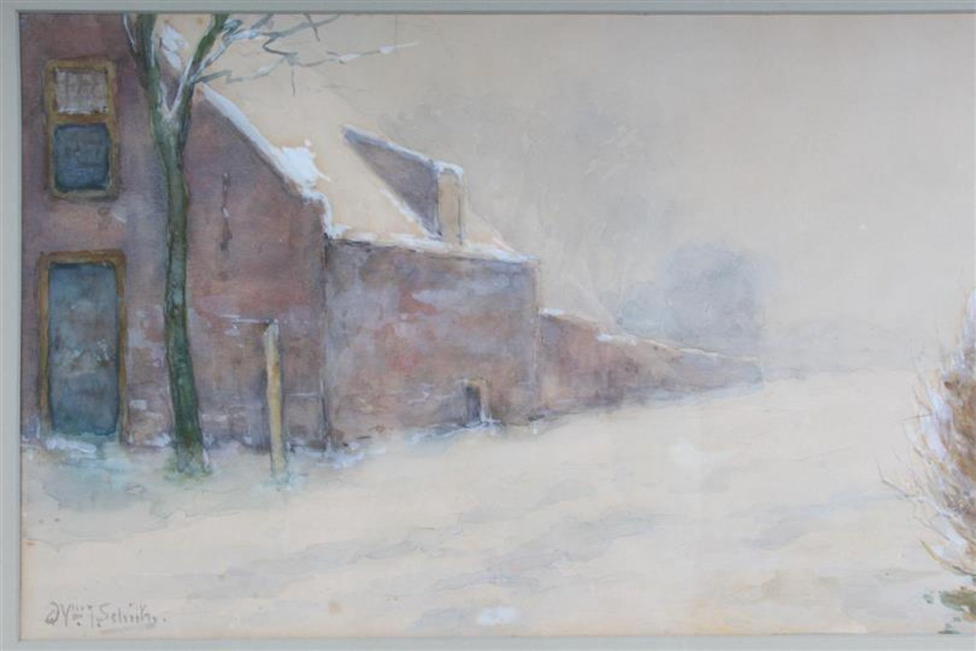 Aquarel, 'Straatje in de winter'. W.J. Schütz (1854-1933) HxB: 24.5 x 40.5 cm. - Bild 3 aus 4