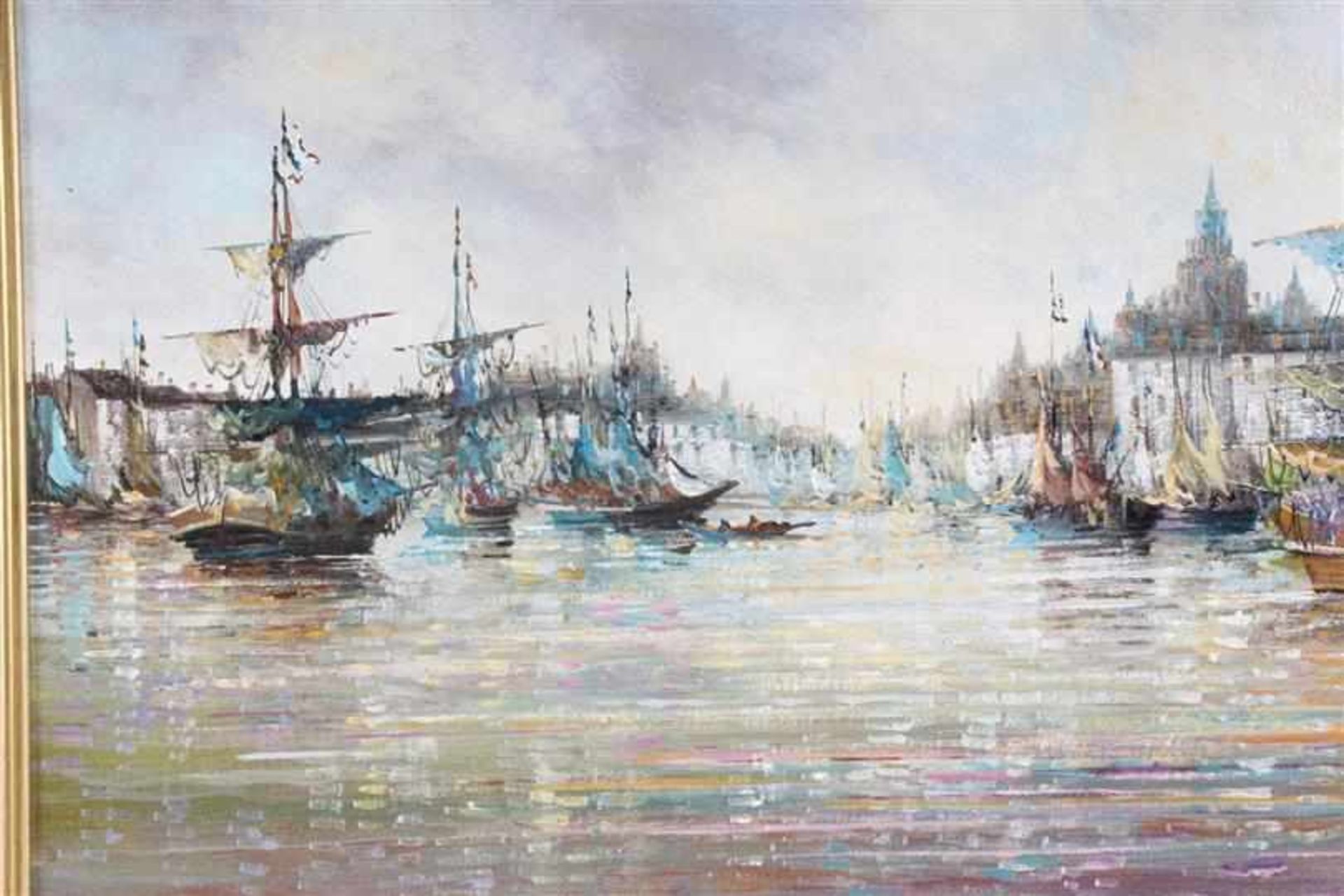 Schilderij op doek 'Schepen in de haven', r.o. gesigneerd R. Kordian. HxB: 50 x 60 cm. - Bild 4 aus 6