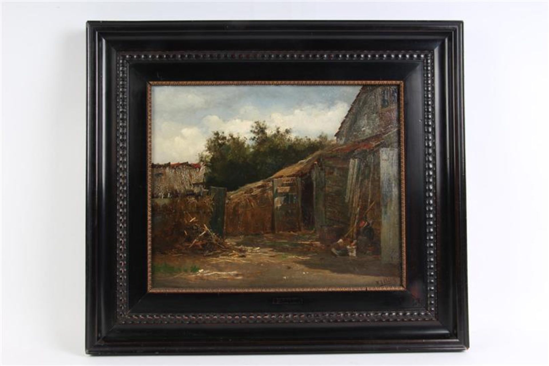 Schilderij, marouflé, 'Boerenschuur'. Henricus Johannes Melis (1845-1923) HxB: 33 x 41 cm.