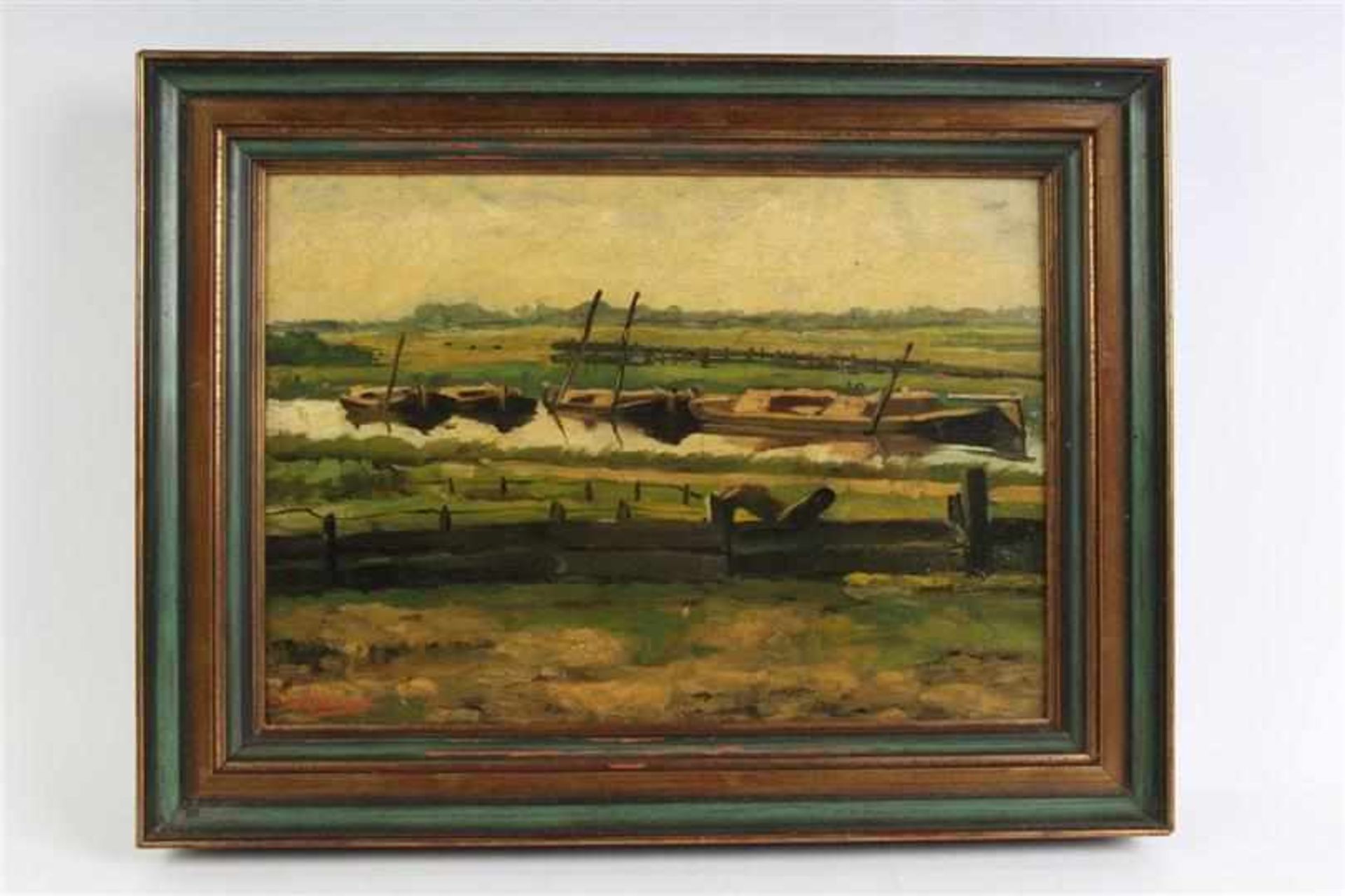 Schilderij, olieverf op board 'Poldergezicht', onduidelijk gesigneerd. HxB: 26.5 x 42.5 cm.