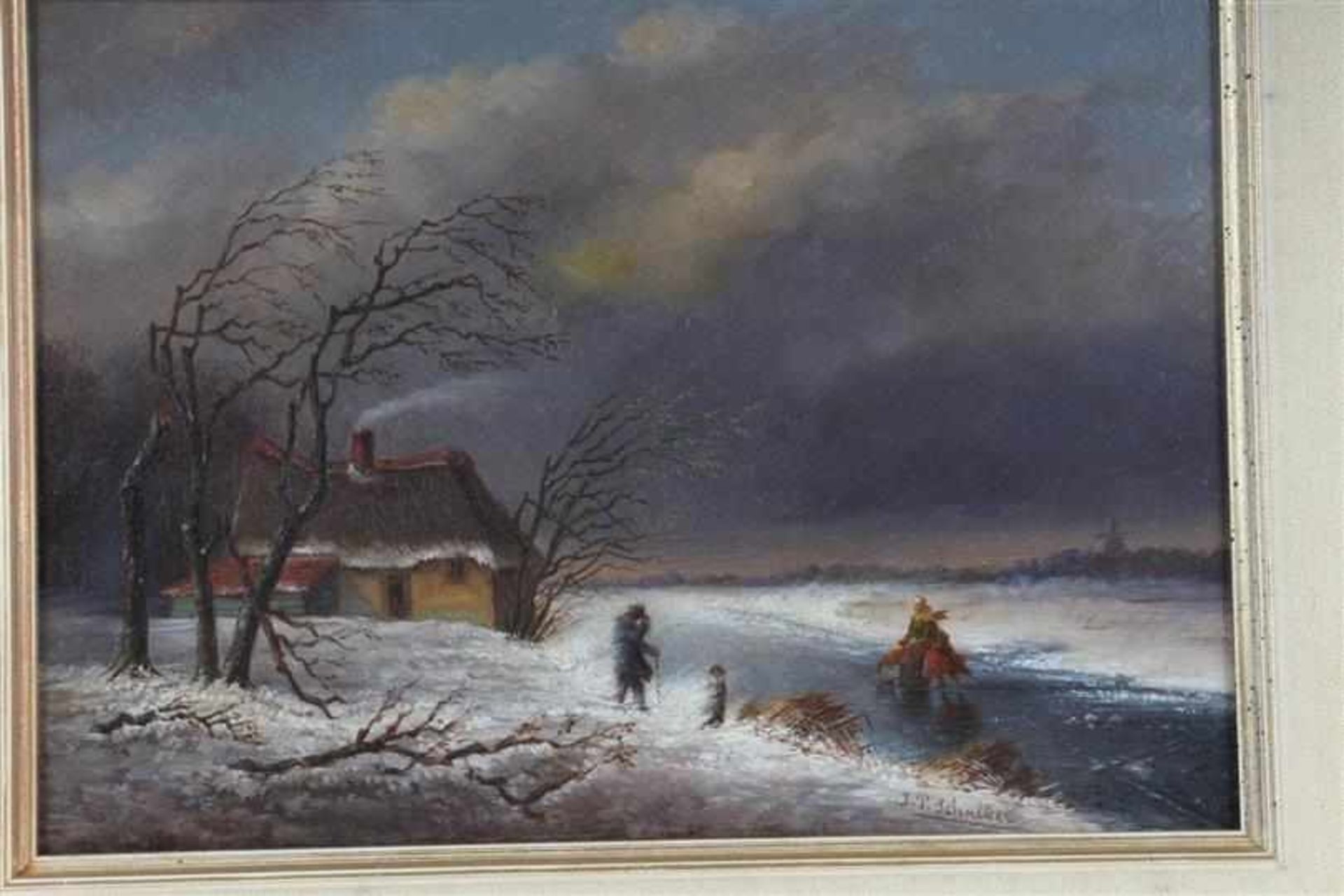 Schilderij, olieverf op paneel, 'IJsgezicht', gesigneerd J. P. Schalker. HxB: 20 x 27 cm. - Bild 2 aus 4