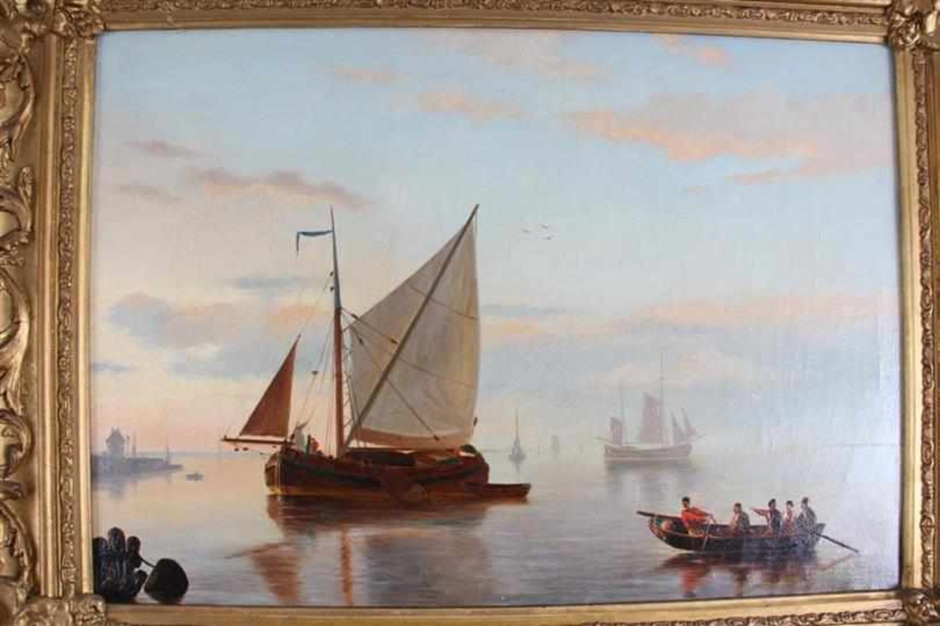 Schilderij, olieverf op doek, 'Zeegezicht', naar H. Koekoek. HxB: 30 x 42 cm. - Image 2 of 4